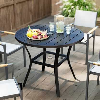 35.5" Round Outdoor Dining Table, Metal Patio Table With Umbrella Hole, Black Patio Dining Tables at Gallery Canada