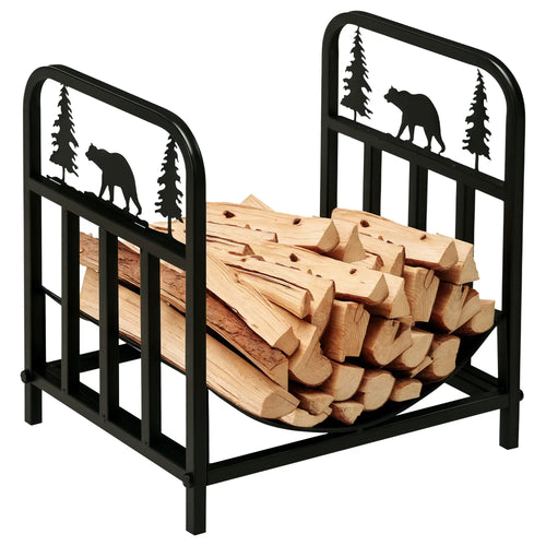 Curved Firewood Rack, Bear Pine Tree Design, 17 Inch, 110 Lbs., Black