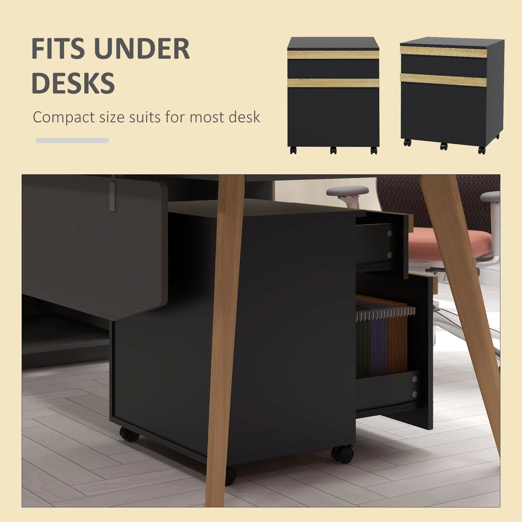 Mobile Filing Cabinet, 2 Drawers, 5 Wheels, Wood Grain, Black Office Cabinets & Cupboards at Gallery Canada