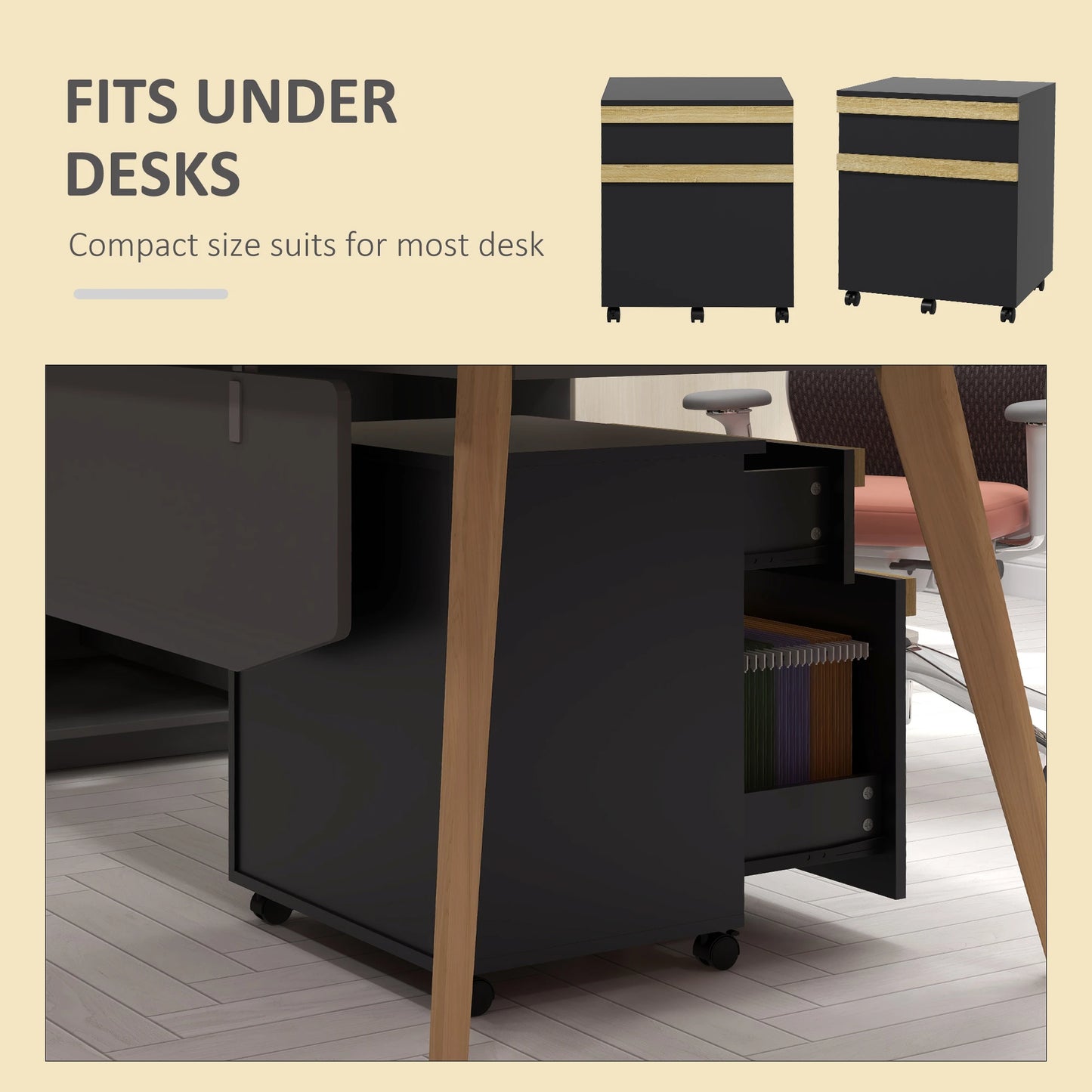 Mobile Filing Cabinet, 2 Drawers, 5 Wheels, Wood Grain, Black Office Cabinets & Cupboards at Gallery Canada