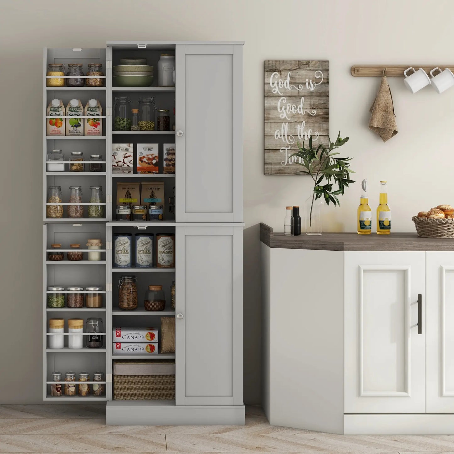 65" Kitchen Pantry Cabinet, 4 Doors, 16 Shelves, Grey Kitchen Pantry Cabinets at Gallery Canada