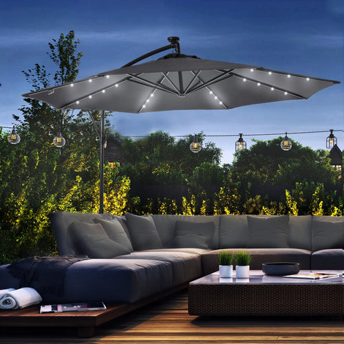 10ft Outdoor Cantilever Umbrella, Solar Lights, Adjustable Angle, Dark Gray