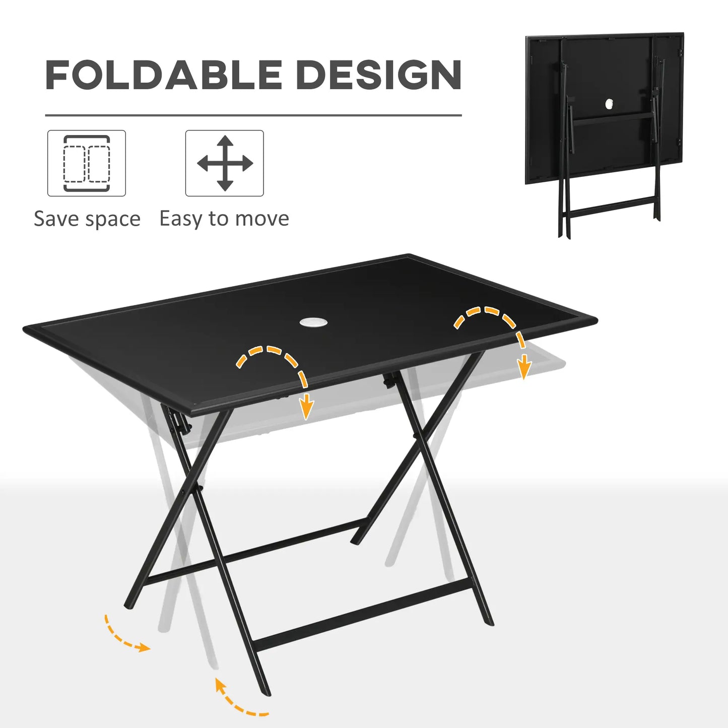Foldable Outdoor Dining Table, Umbrella Hole, Glass Top, Metal Frame, Black Patio Side Tables at Gallery Canada