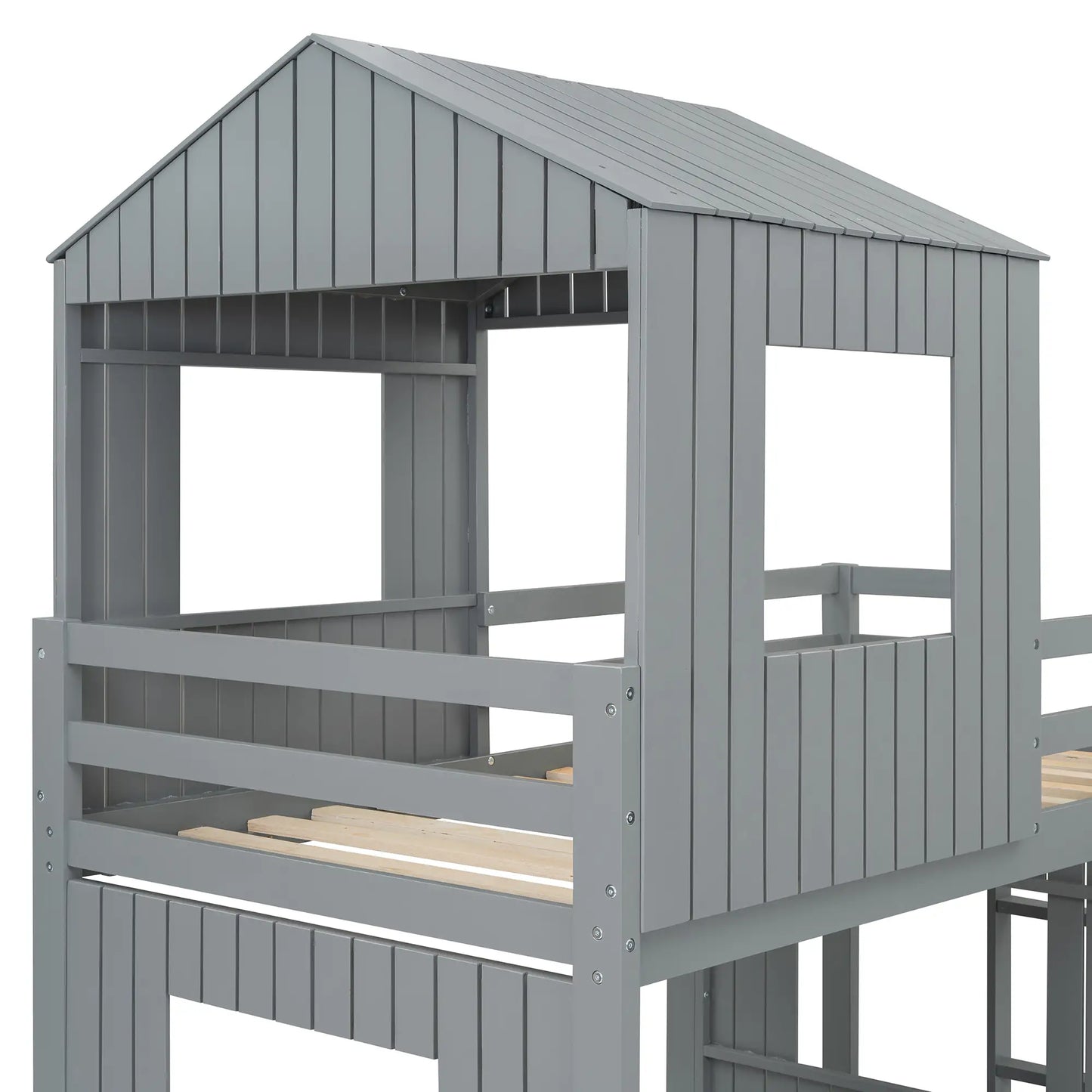 Twin Over Full Bunk Bed with Playhouse, Ladder, Slide, Guardrails, 82" L x 89" W x 82.5" H, Grey Bed Frames at Gallery Canada
