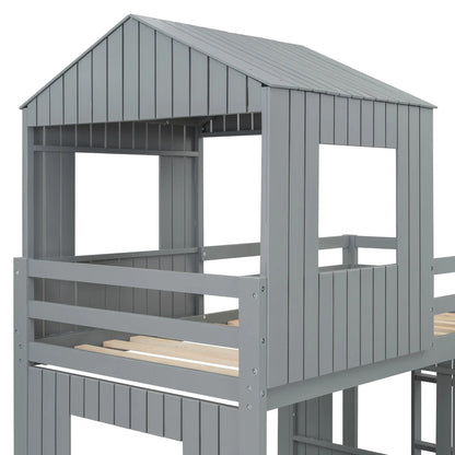 Twin Over Full Bunk Bed with Playhouse, Ladder, Slide, Guardrails, 82" L x 89" W x 82.5" H, Grey Bed Frames at Gallery Canada