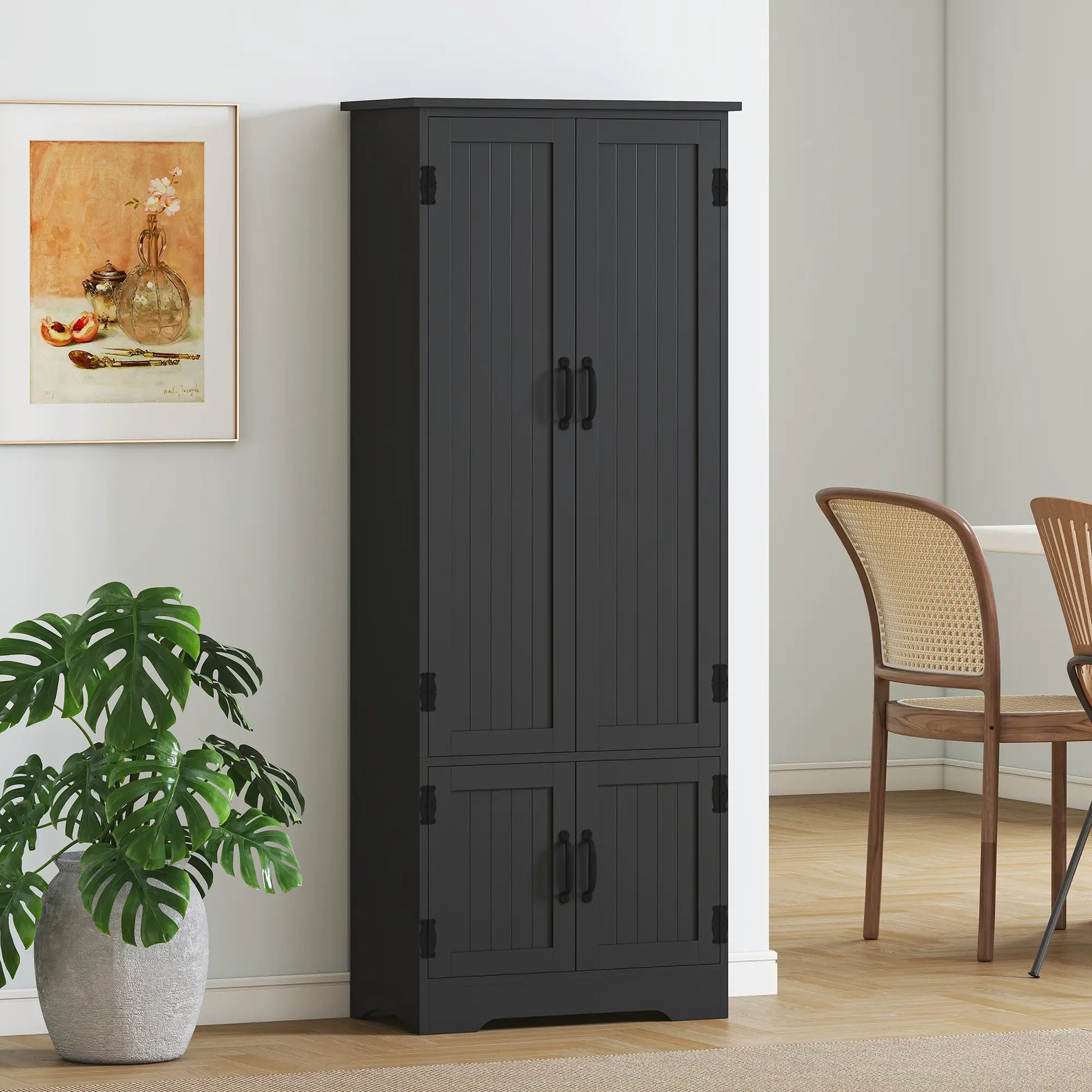 60 Inch 4-Door Storage Cabinet, Adjustable Shelves, Black Kitchen Pantry Cabinets at Gallery Canada