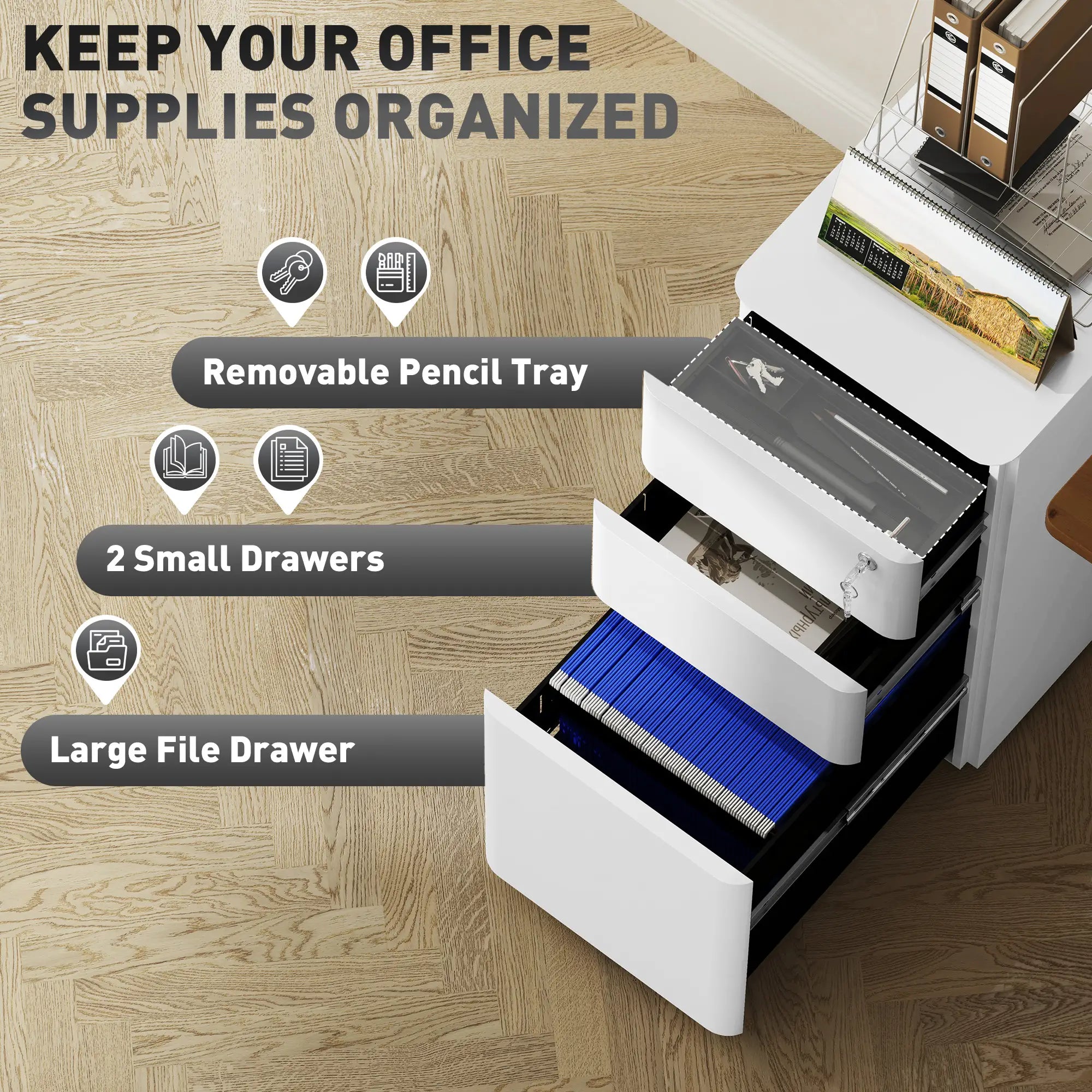 3 Drawer Filing Cabinet, Lockable Steel Office Storage, White Office Cabinets & Cupboards at Gallery Canada