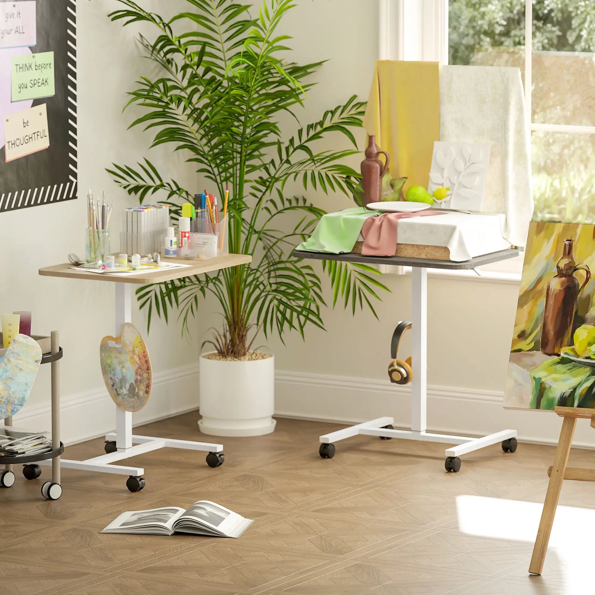 Height Adjustable Standing Desk, Pneumatic Sit Stand Desk with Wheels and Headphone Hook, Grey Office Desks & Work Stations at Gallery Canada