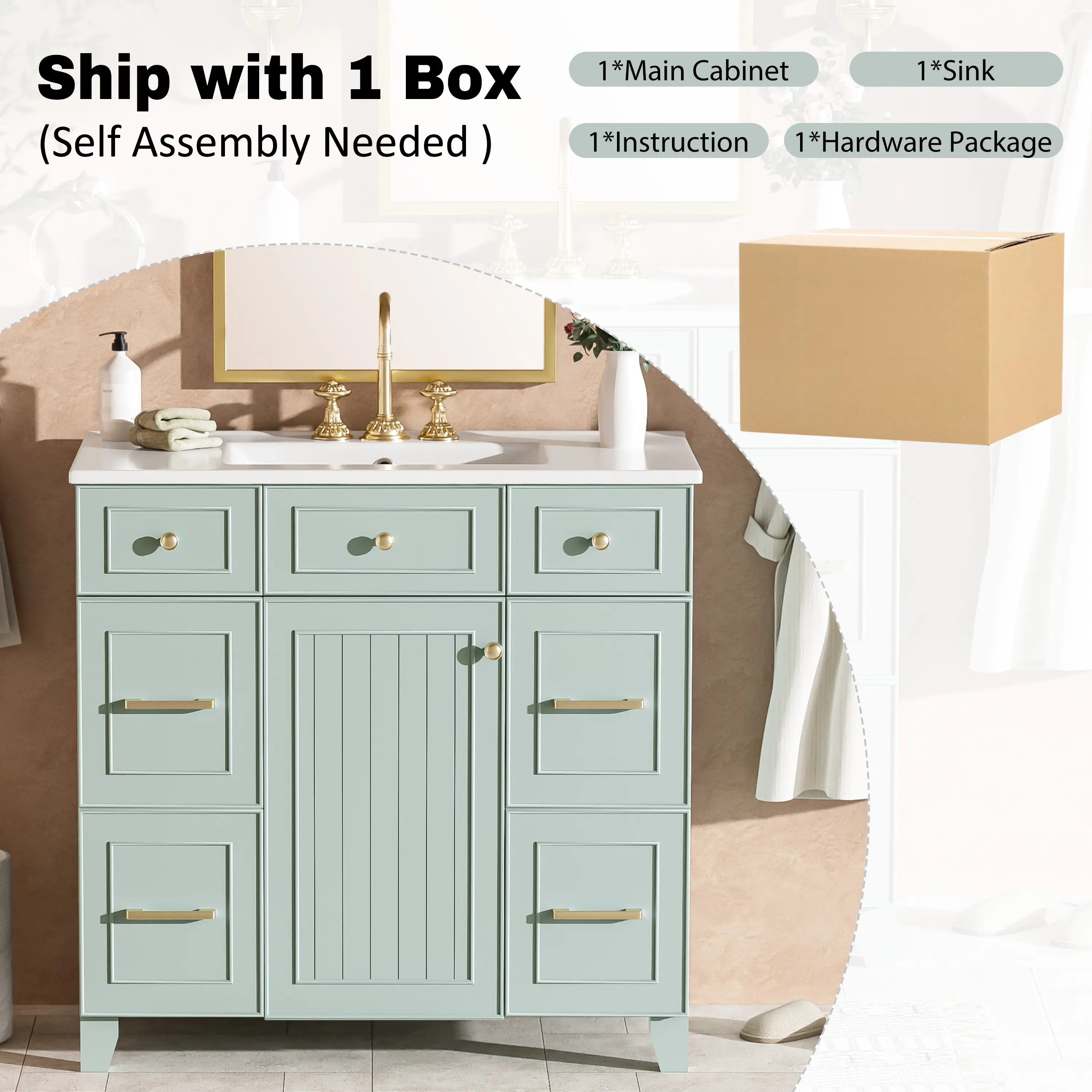 Bathroom Vanity, Ceramic Sink, Soft-Close Doors, 36