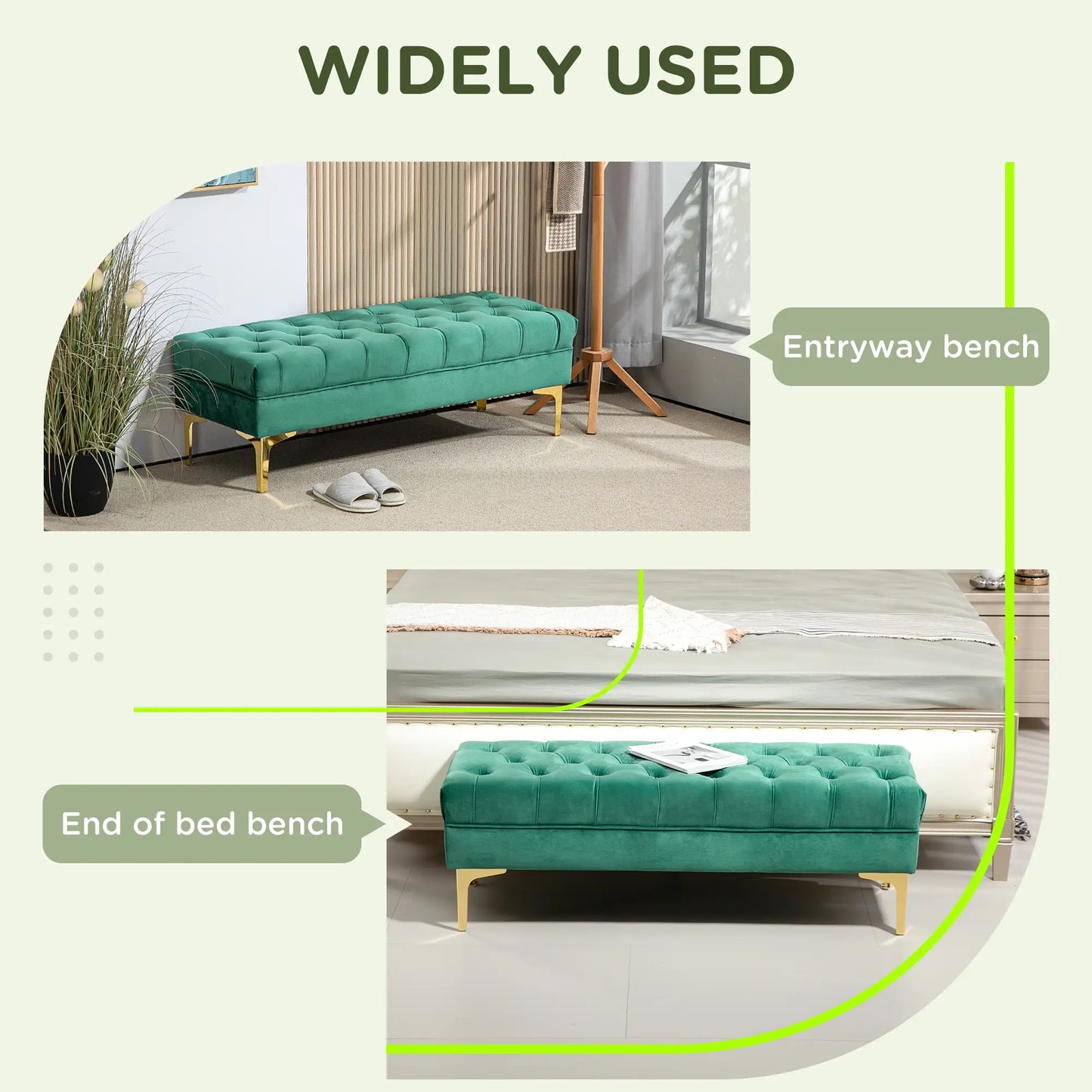 Upholstered End of Bed Bench, Button Tufted, Dark Green Storage Ottomans & Benches at Gallery Canada