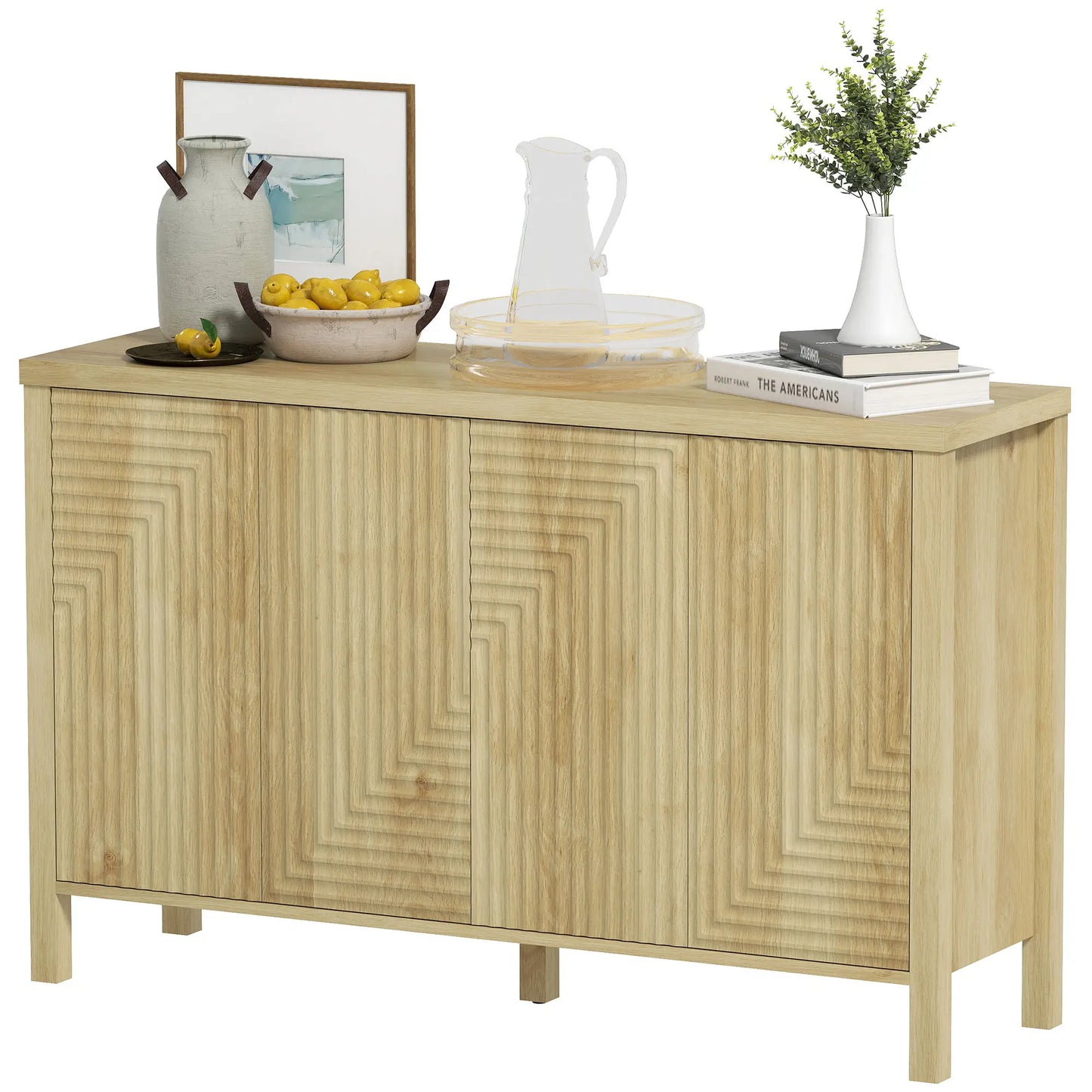47 Inch Buffet Cabinet, Fluted Sideboard, Push Open, 2 Shelves, 4 Doors, Natural Bar Cabinets Natural at Gallery Canada
