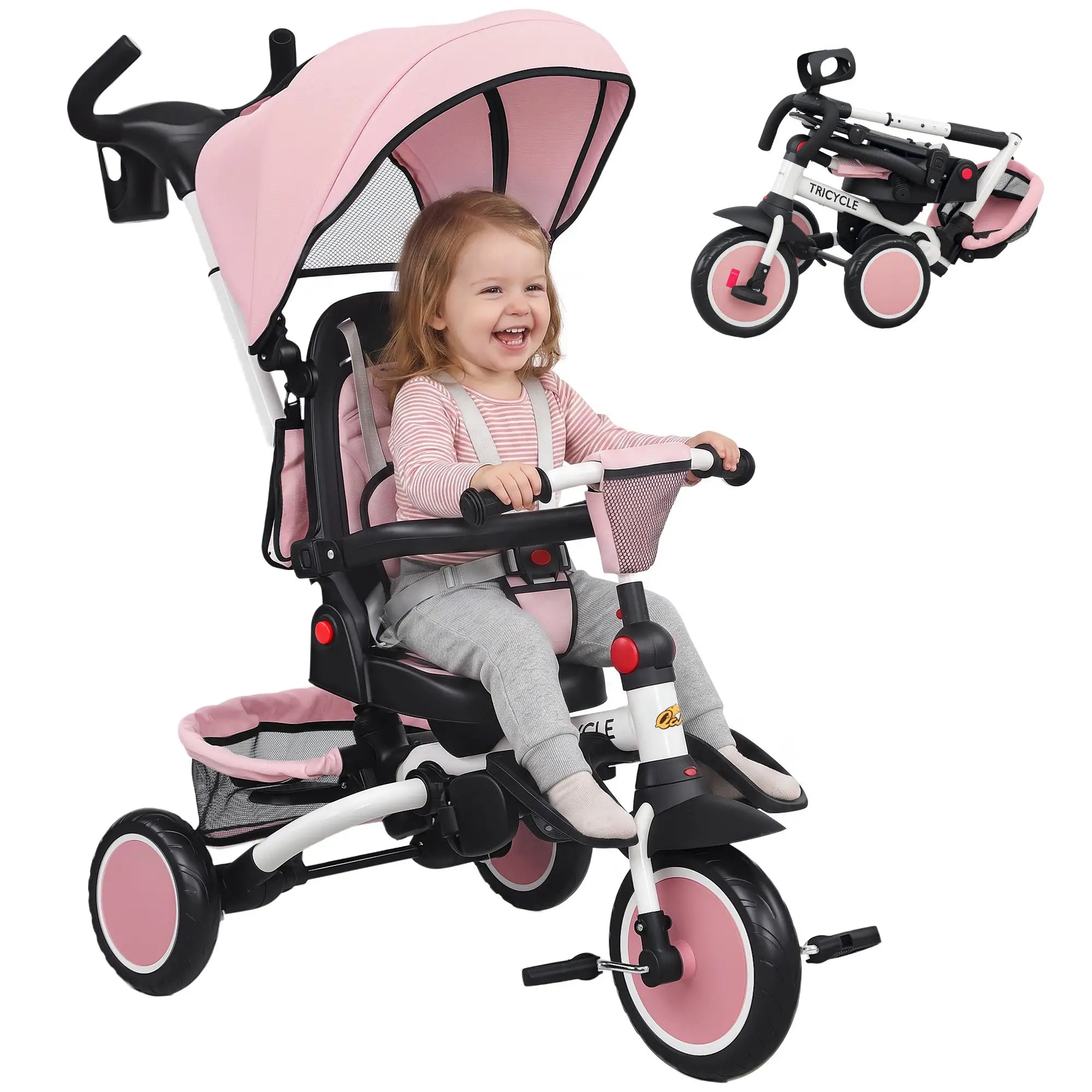 6 in 1 Toddler Tricycle, Push Handle, Removable Canopy, Rotatable Seat, Pink Tricycles for Kids at Gallery Canada