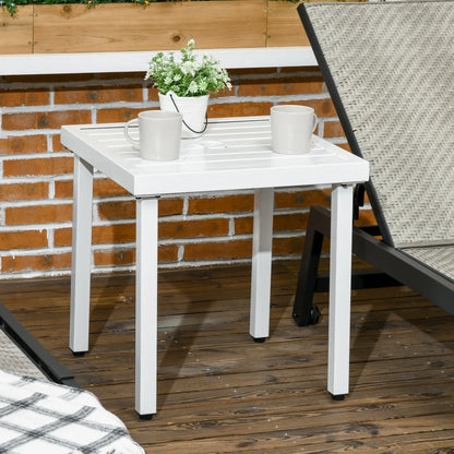 Outdoor Side Table, Patio End Table with Umbrella Hole, White