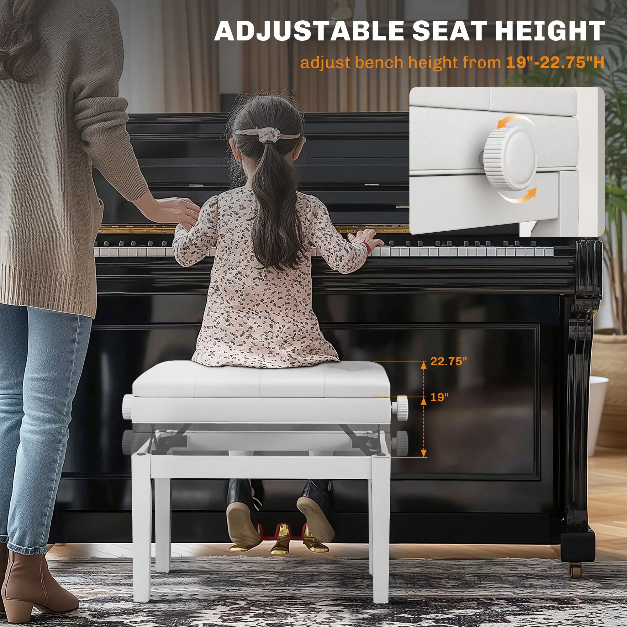Adjustable Piano Bench, Storage, Soft PU Leather Padded, White Piano Benches at Gallery Canada