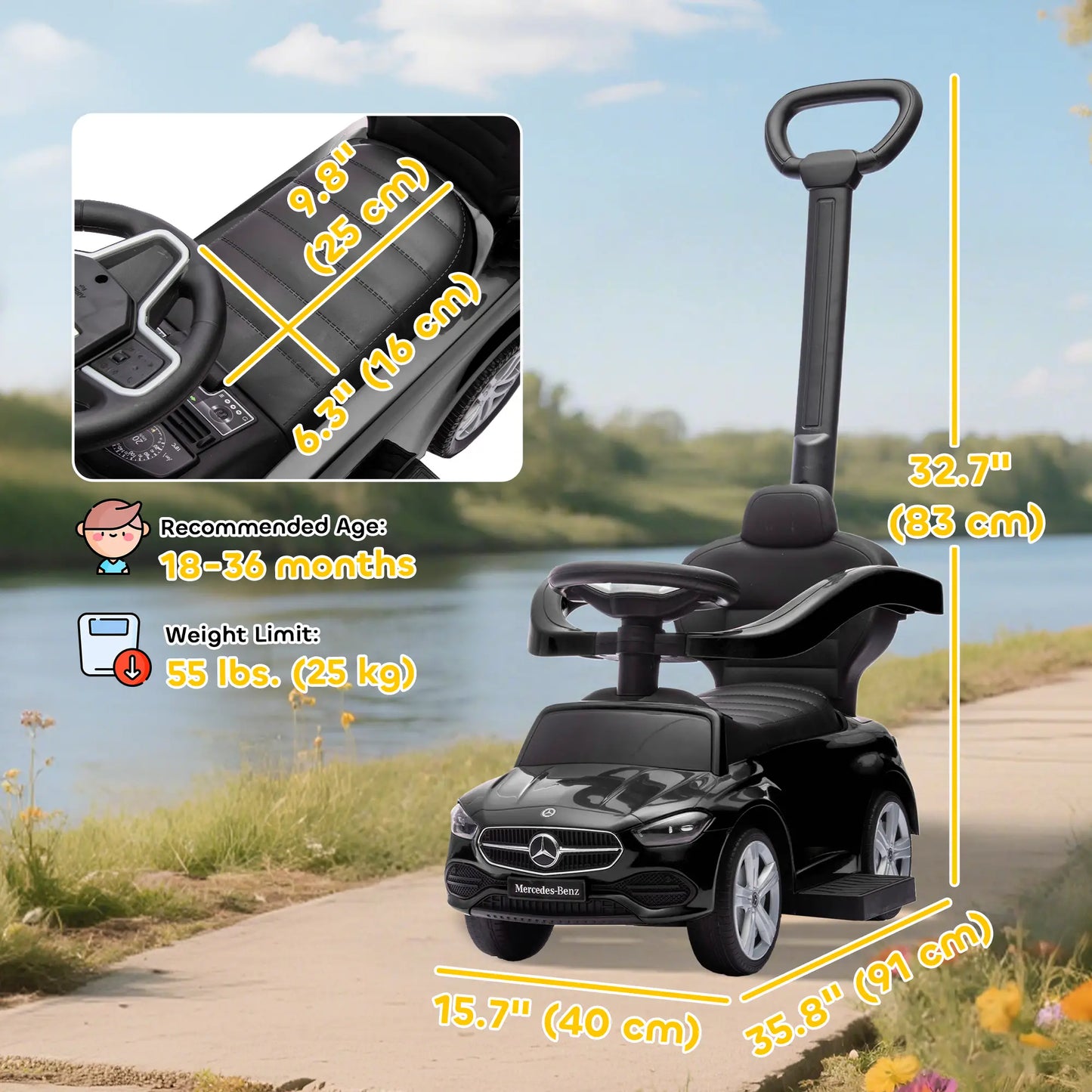2-in-1 Sliding Walking Car for Toddlers, Black