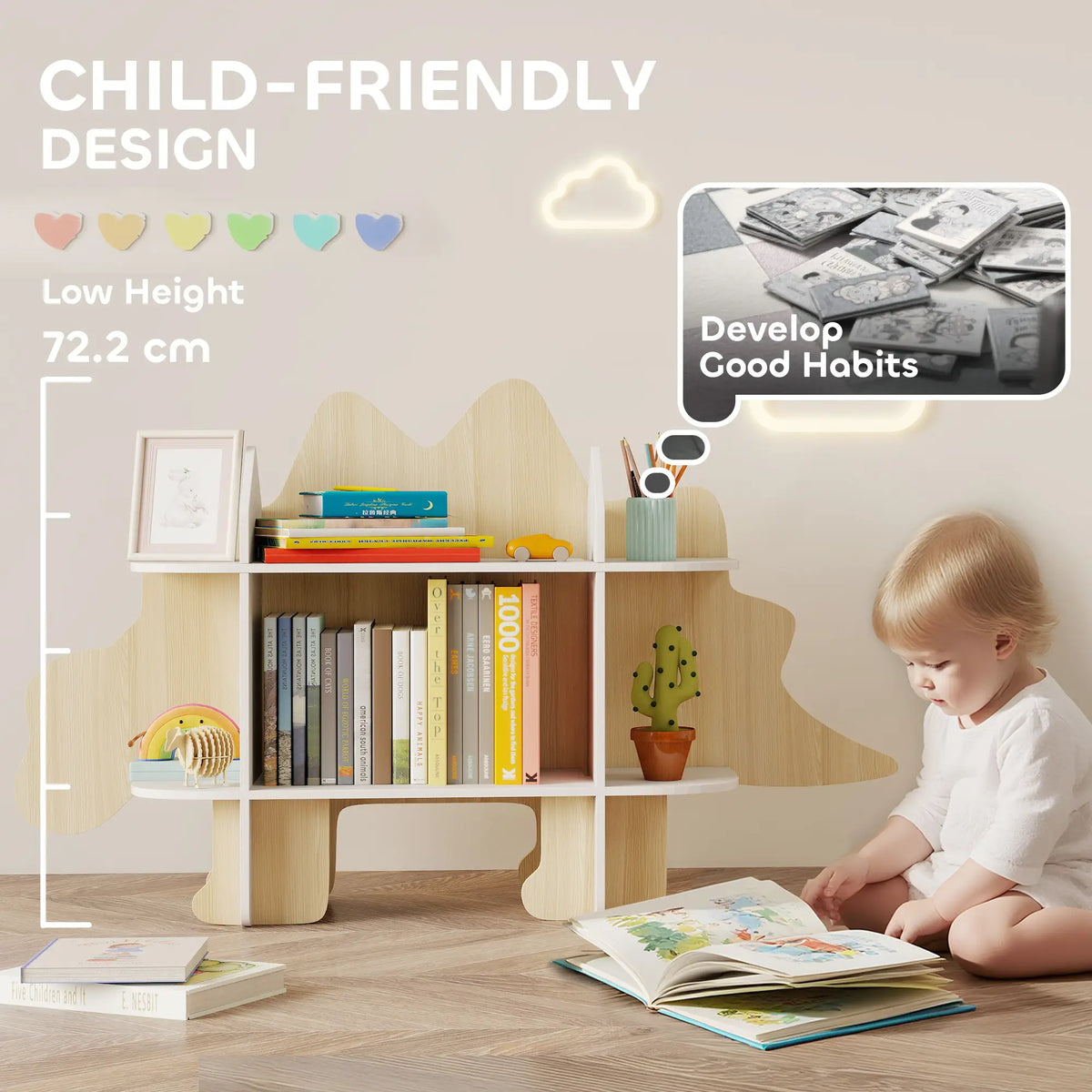 Dinosaur Kids Bookshelf, 2 Tier Bookcase, Natural Bookshelves & Bookcases at Gallery Canada