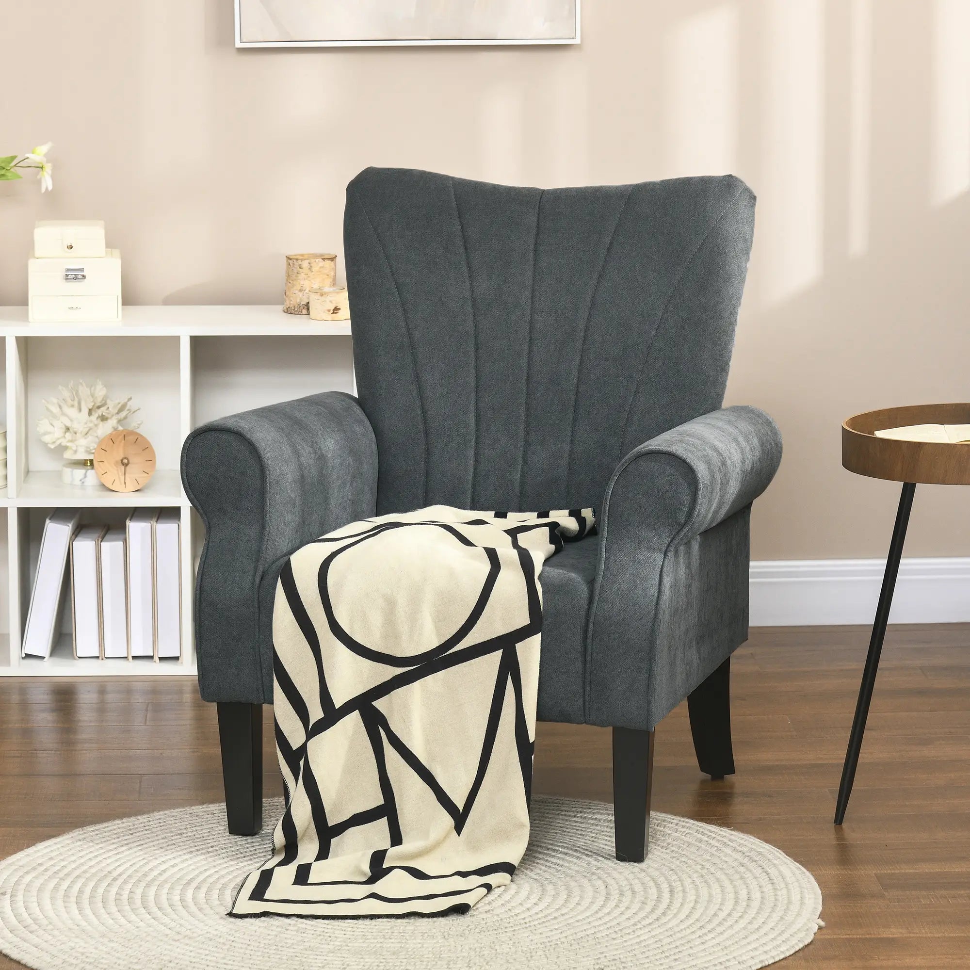 Modern Fabric Armchair, Wood Legs, Living Room, Bedroom, Dark Grey Accent Chairs at Gallery Canada