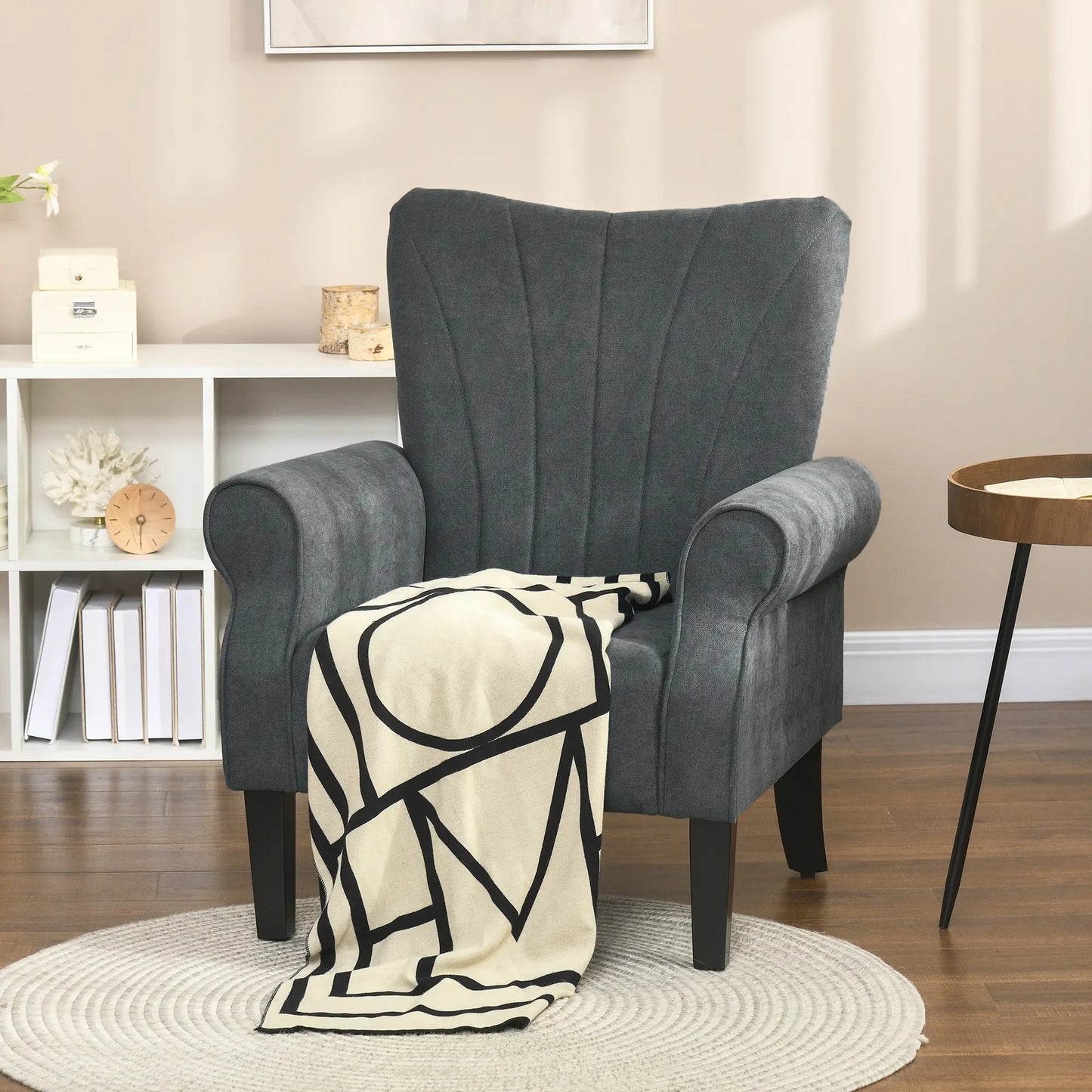 Modern Fabric Armchair, Wood Legs, Living Room, Bedroom, Dark Grey Accent Chairs at Gallery Canada