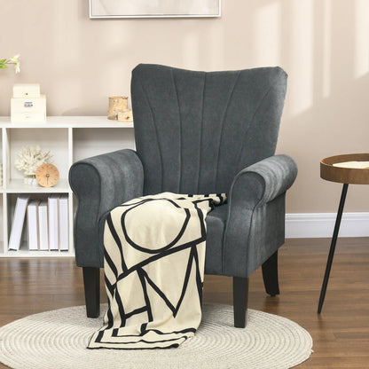 Modern Fabric Armchair, Wood Legs, Living Room, Bedroom, Dark Grey Accent Chairs at Gallery Canada