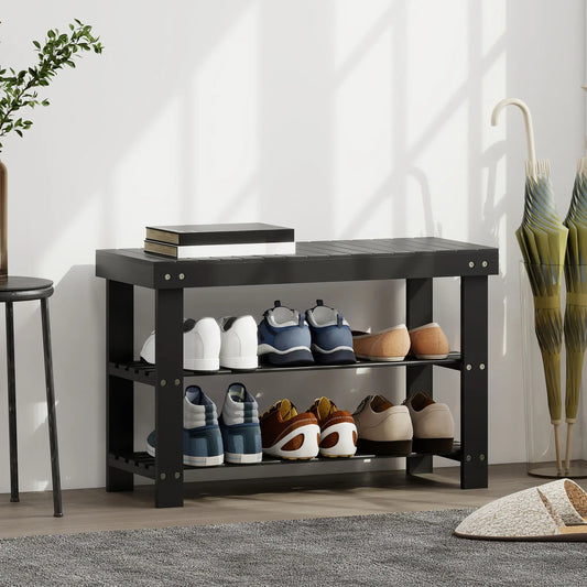 Bamboo Shoe Storage Bench, 3-Tier, 2 Shelves, Holds 6 Pairs, Black Shoe Storage Cabinets & Racks Black at Gallery Canada