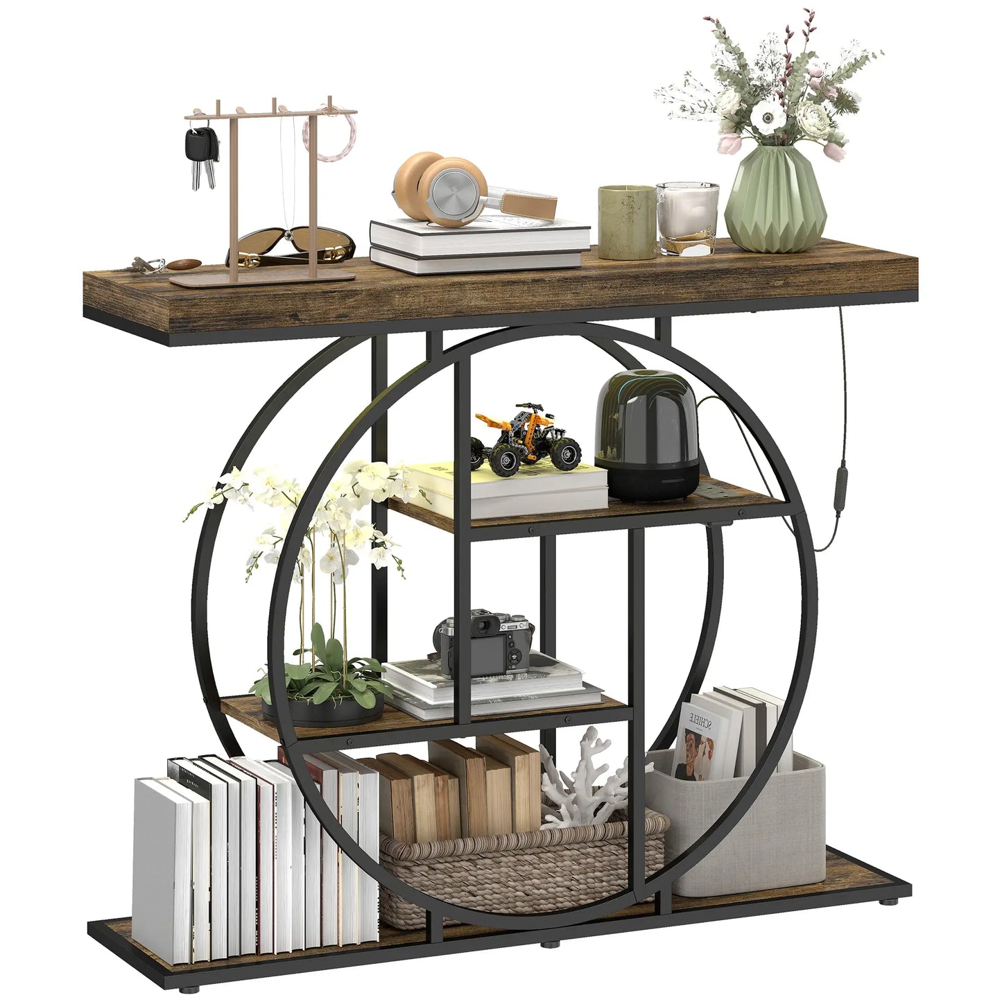 4-Tier Console Table With Charging Station, LED Lights, 39", Rustic Brown Console Tables at Gallery Canada