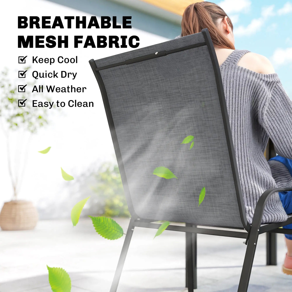 Outdoor Dining Set For 6, Faux Wood Metal Patio Table, Mesh Stackable Chairs, Mixed Grey