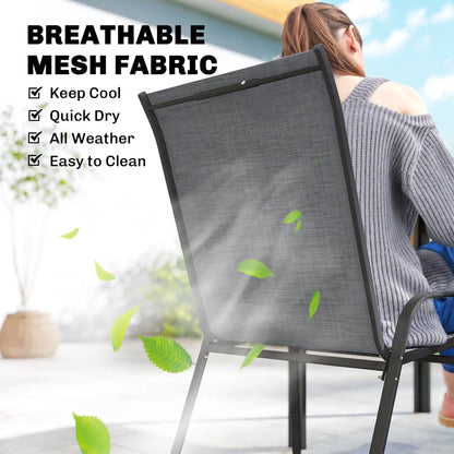 Outdoor Dining Set For 6, Faux Wood Metal Patio Table, Mesh Stackable Chairs, Mixed Grey