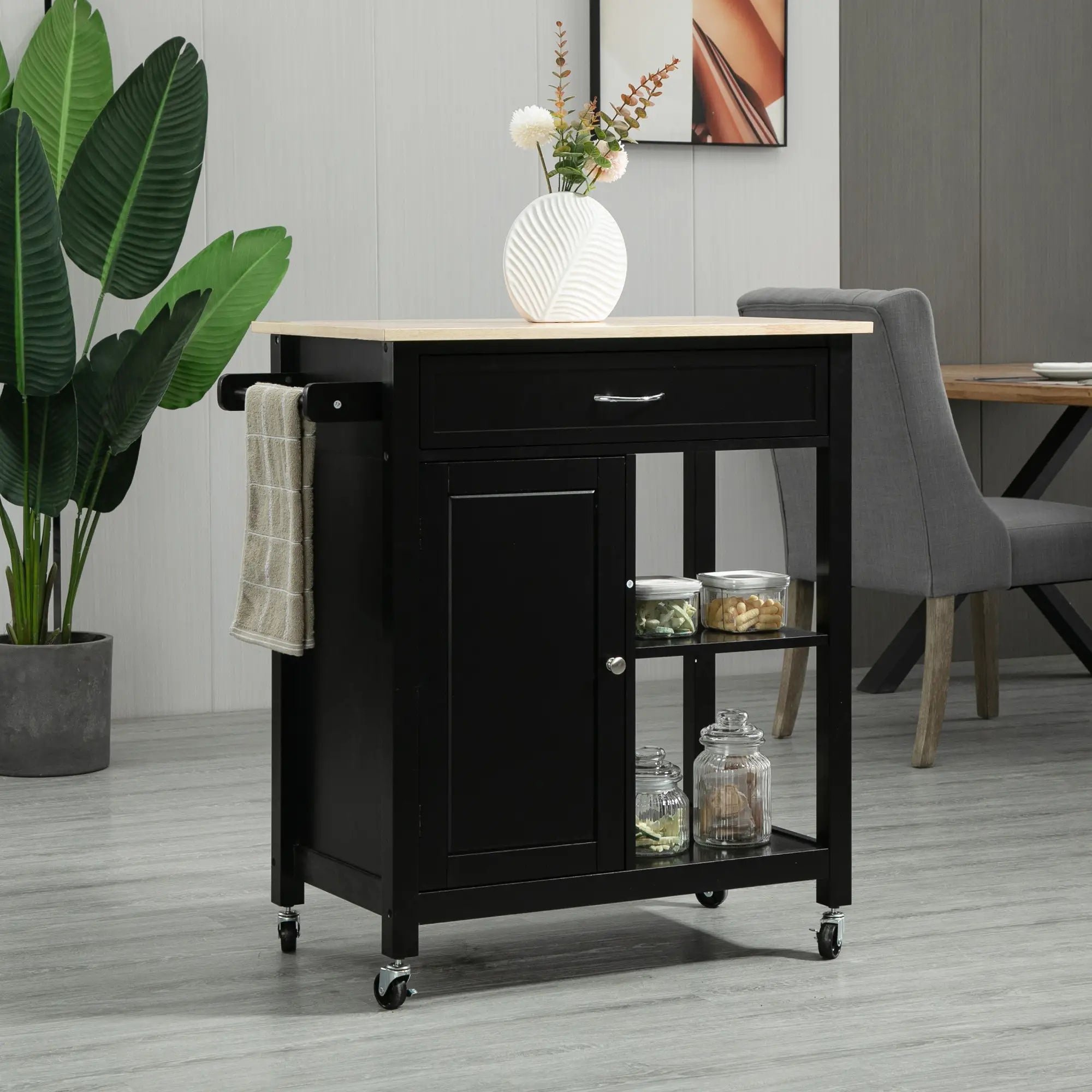 Rolling Kitchen Cart, Wood Top with Drawer, 36 Inch, Black Kitchen Islands & Kitchen Carts at Gallery Canada