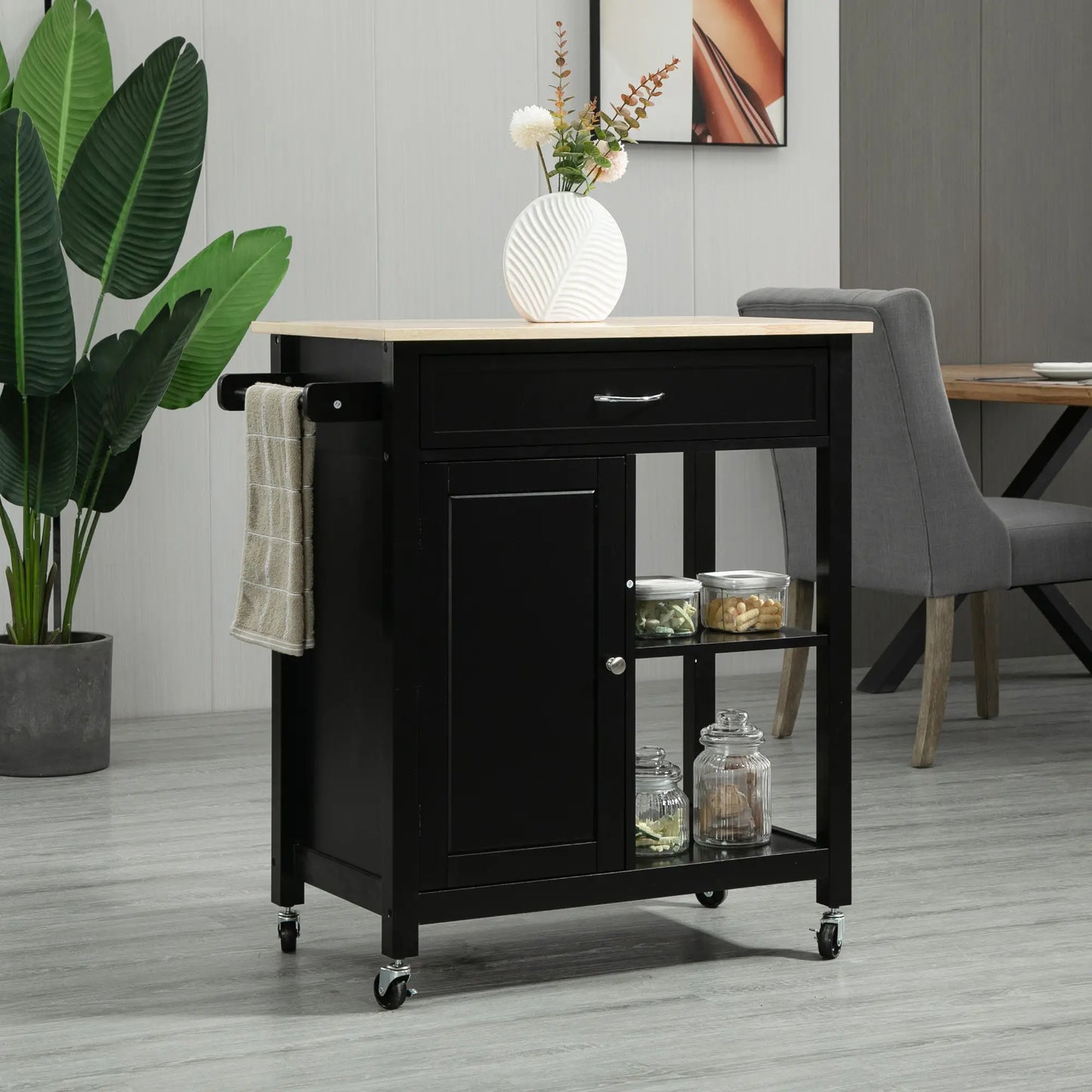 Rolling Kitchen Cart, Wood Top with Drawer, 36 Inch, Black Kitchen Islands & Kitchen Carts at Gallery Canada