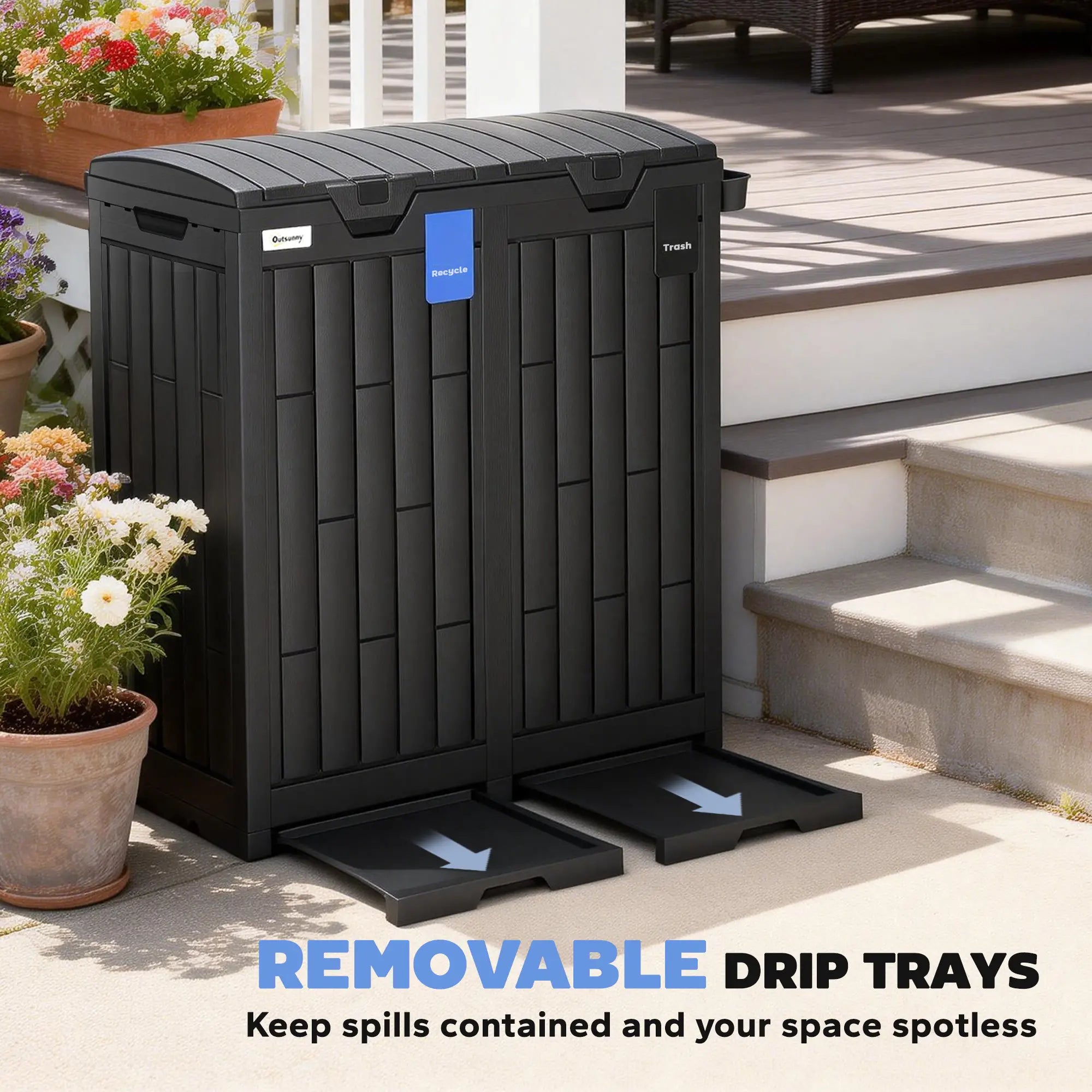 58 Gallon Double Outdoor Garbage Bin, Dual Lid, Plastic Waste Trash Can, Black Garden Accessories at Gallery Canada