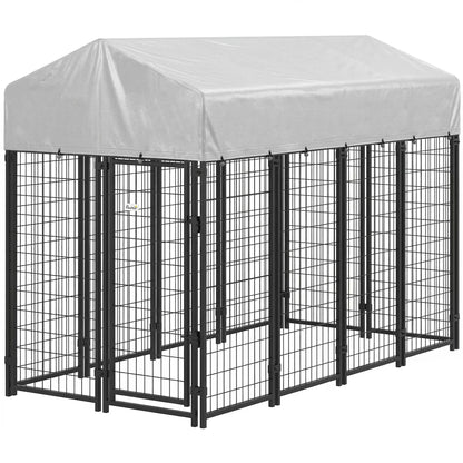 Outdoor Dog Kennel With Roof, 8' x 4' x 6', Heavy Duty Welded Wire Playpen Dog Kennels Silver, Black at Gallery Canada