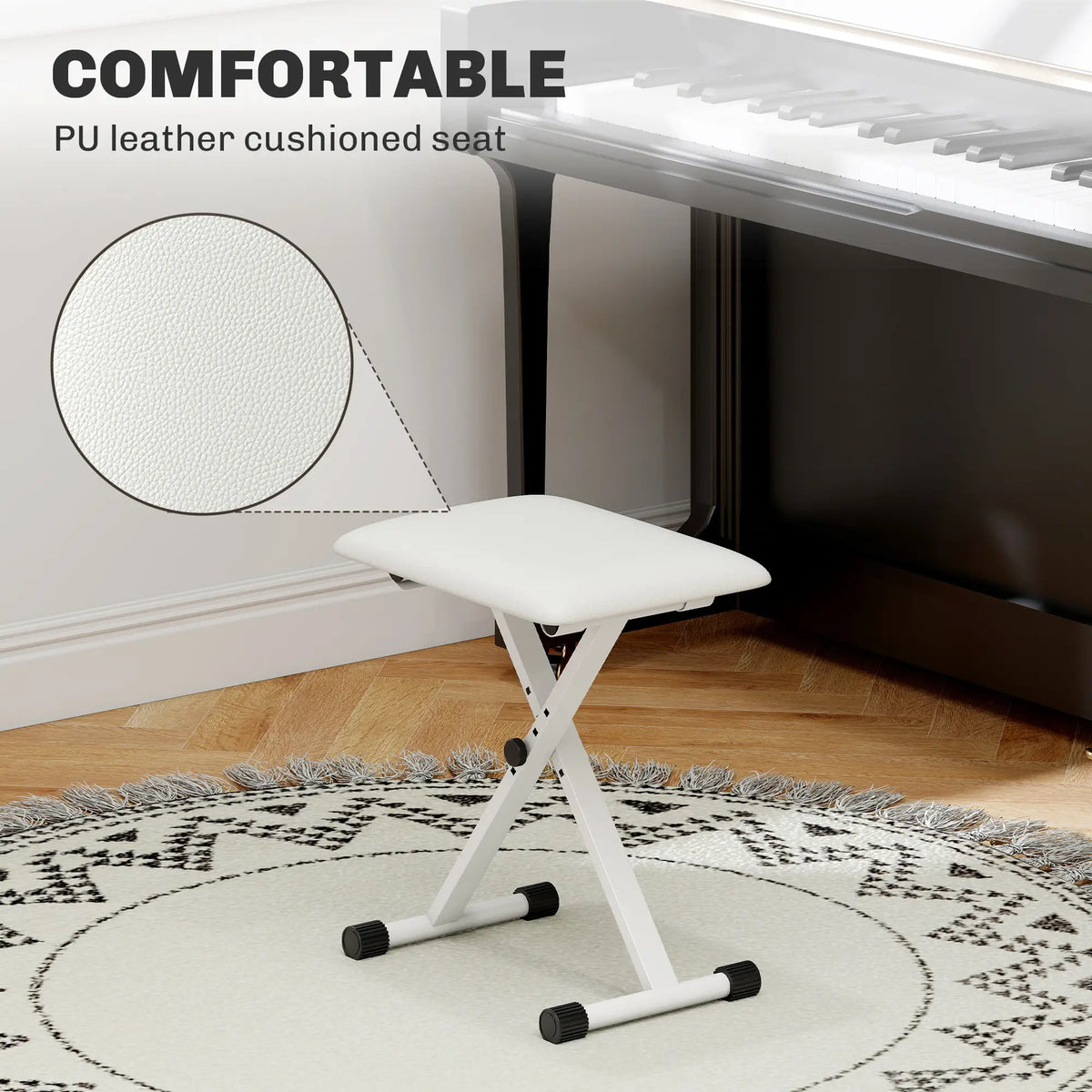 Adjustable Piano Bench, X-Style Folding Piano Stool with Padded Seat, Non-Slip Rubber Feet, Keyboard Chair, White Piano Benches at Gallery Canada