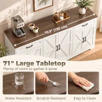 71" Sideboard Buffet Cabinet, Coffee Bar, 2 Drawers, 6 Barn Doors, White