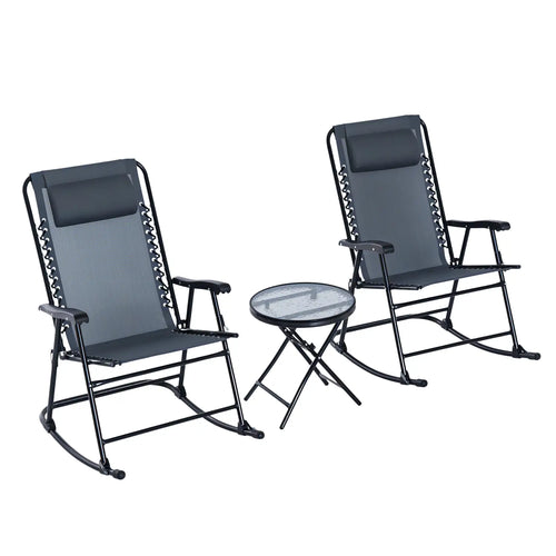3pc Patio Rocking Chair Set, Folding Outdoor Chairs, Table, Grey