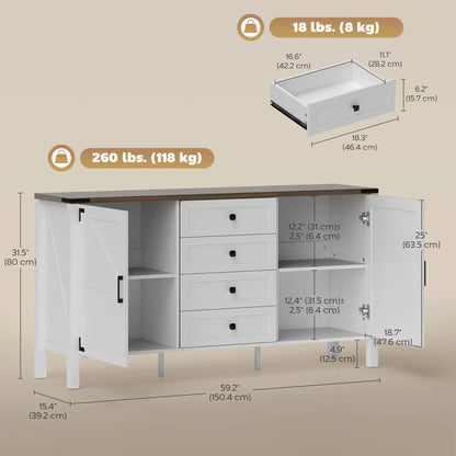 59" Buffet Cabinet, Farmhouse Sideboard, 2 Barn Doors, 4 Drawers, White Storage Cabinets at Gallery Canada