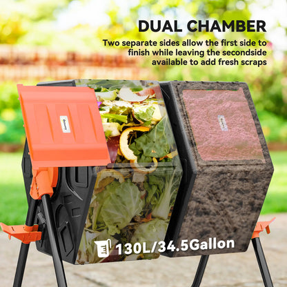 Rotating Composter, Dual Chamber Bin, 34.5 Gallon, Orange Outdoor Compost Bin at Gallery Canada