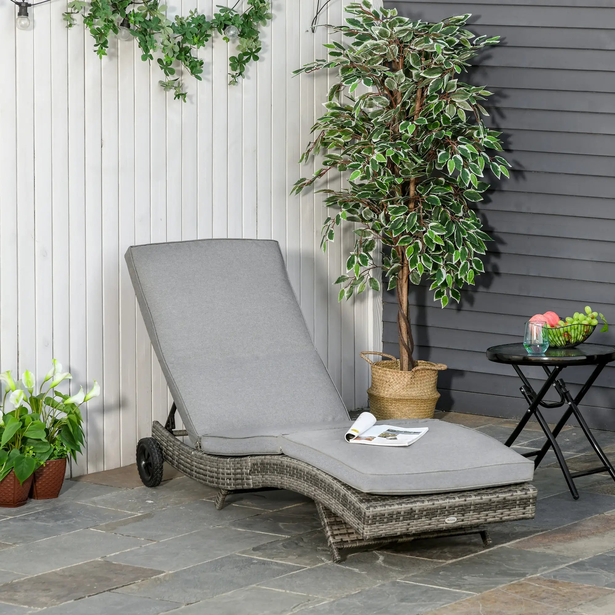 Adjustable Wicker Chaise Lounge Chair with Cushion, Wheels, Grey Chaise Loungers at Gallery Canada