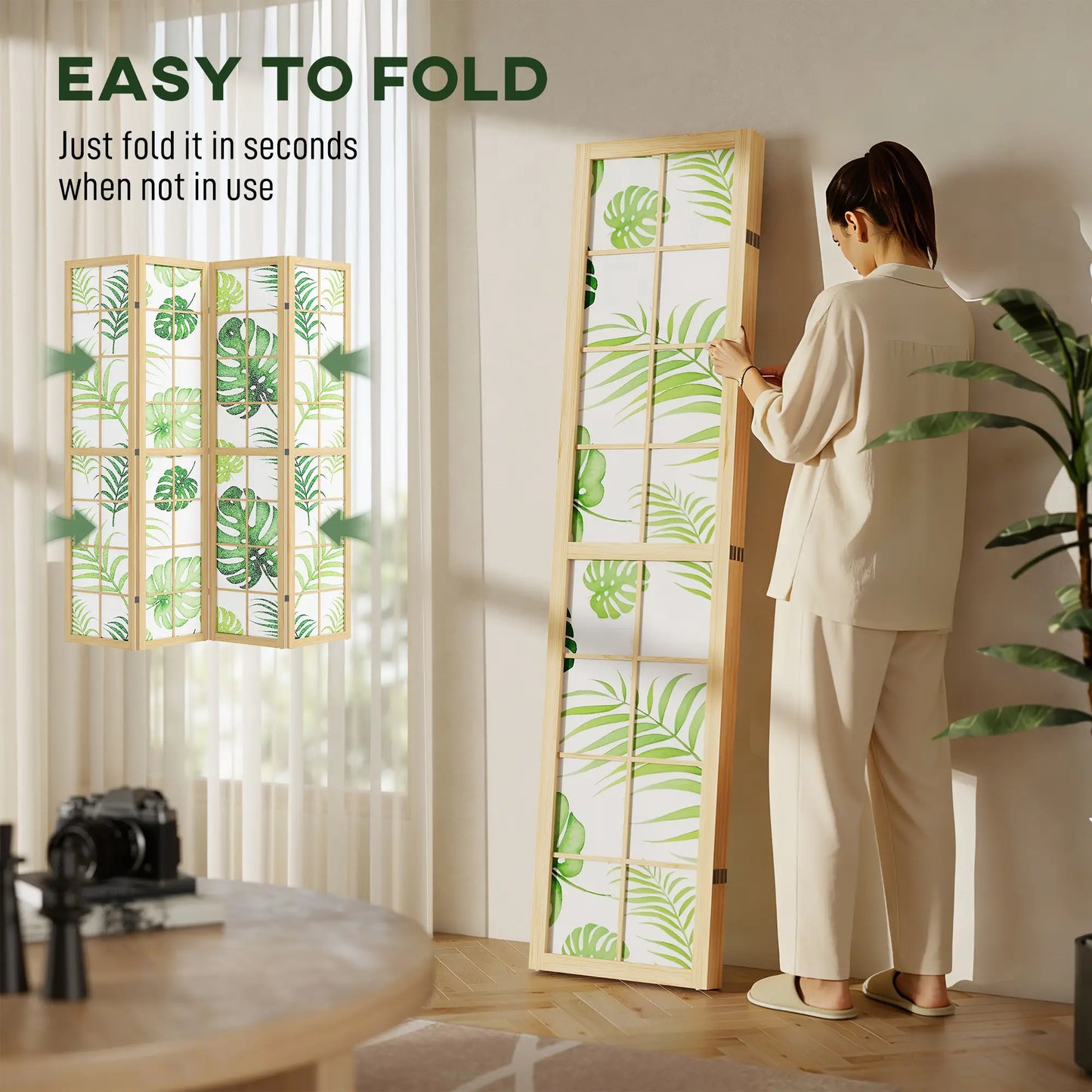 4 Panel Folding Privacy Screen, 67" Palm Leaf Design, Natural Green, Green