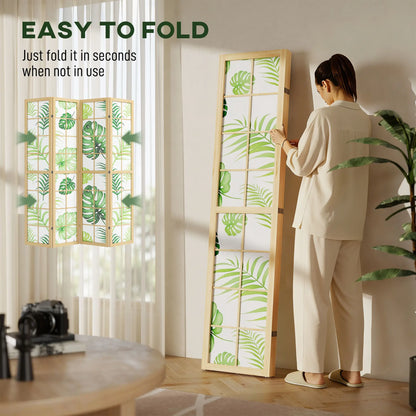 4 Panel Folding Privacy Screen, 67" Palm Leaf Design, Natural Green, Green