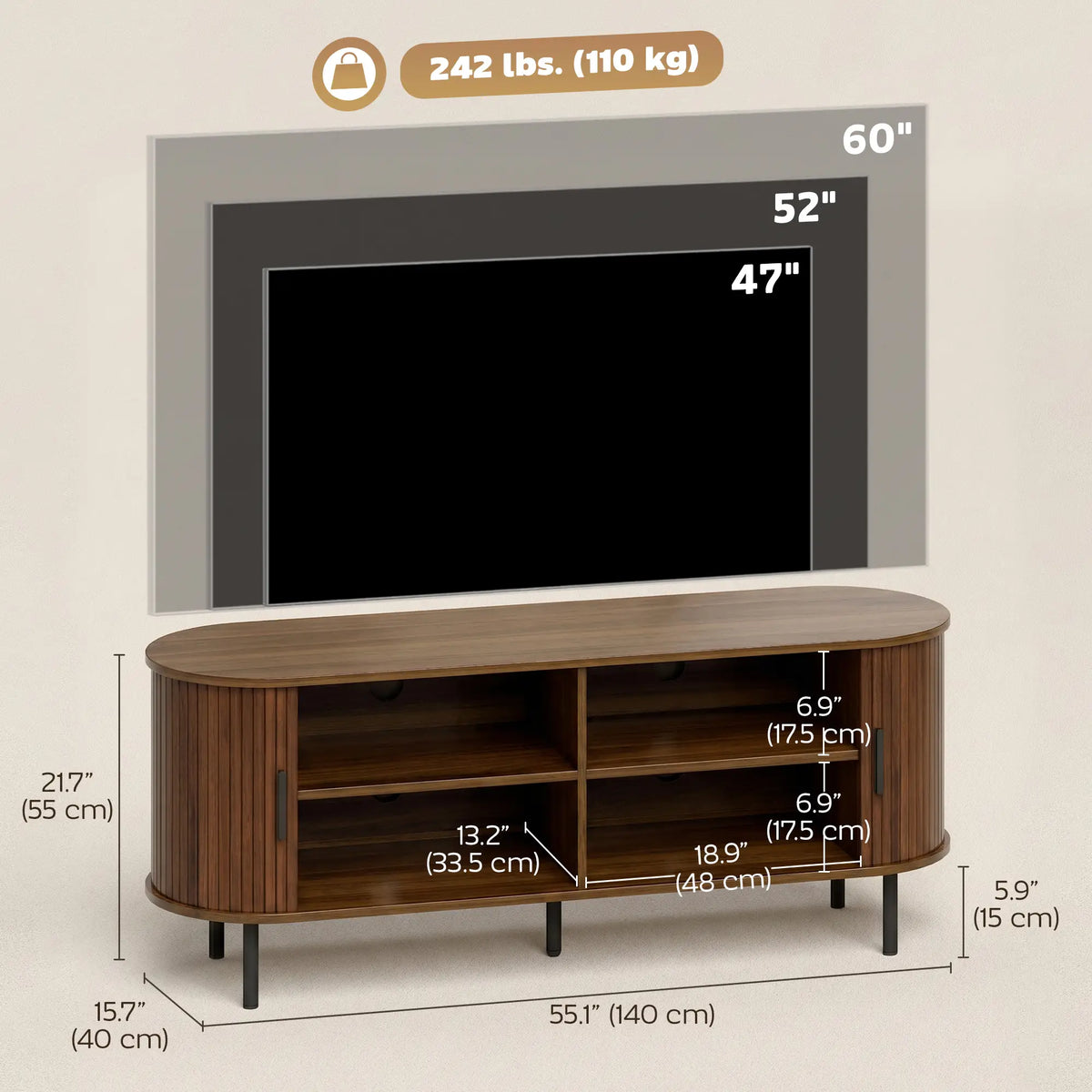 TV Stand for TVs up to 60", Modern Entertainment Center with Curved Sliding Doors, Walnut Brown TV Stands at Gallery Canada