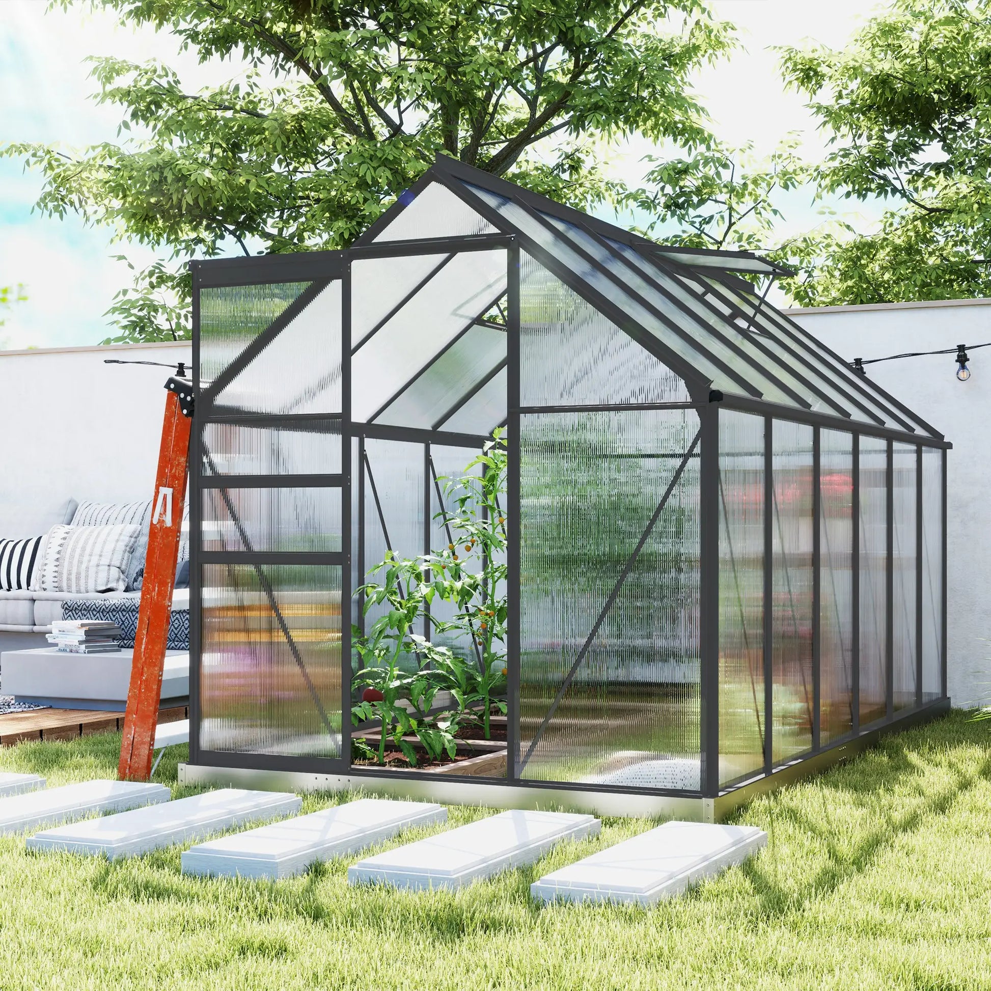 6' x 12' x 6.5' Polycarbonate Greenhouse, Walk-in, Adjustable Roof Vent, Sliding Door, Charcoal Grey Walk In Greenhouses at Gallery Canada