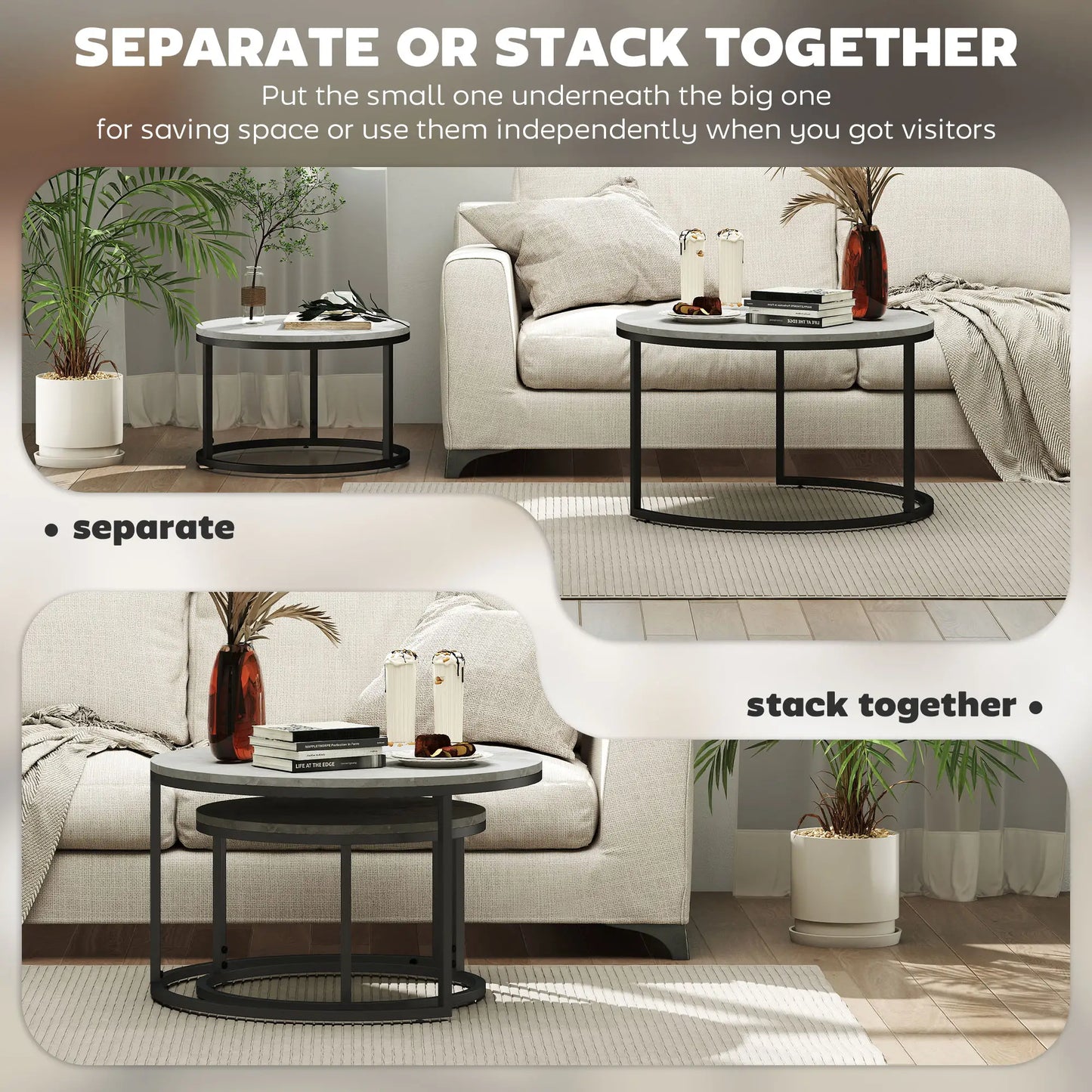 Modern Coffee Table Set of 2, Nesting Side Tables, Metal Base, Grey Coffee Tables at Gallery Canada