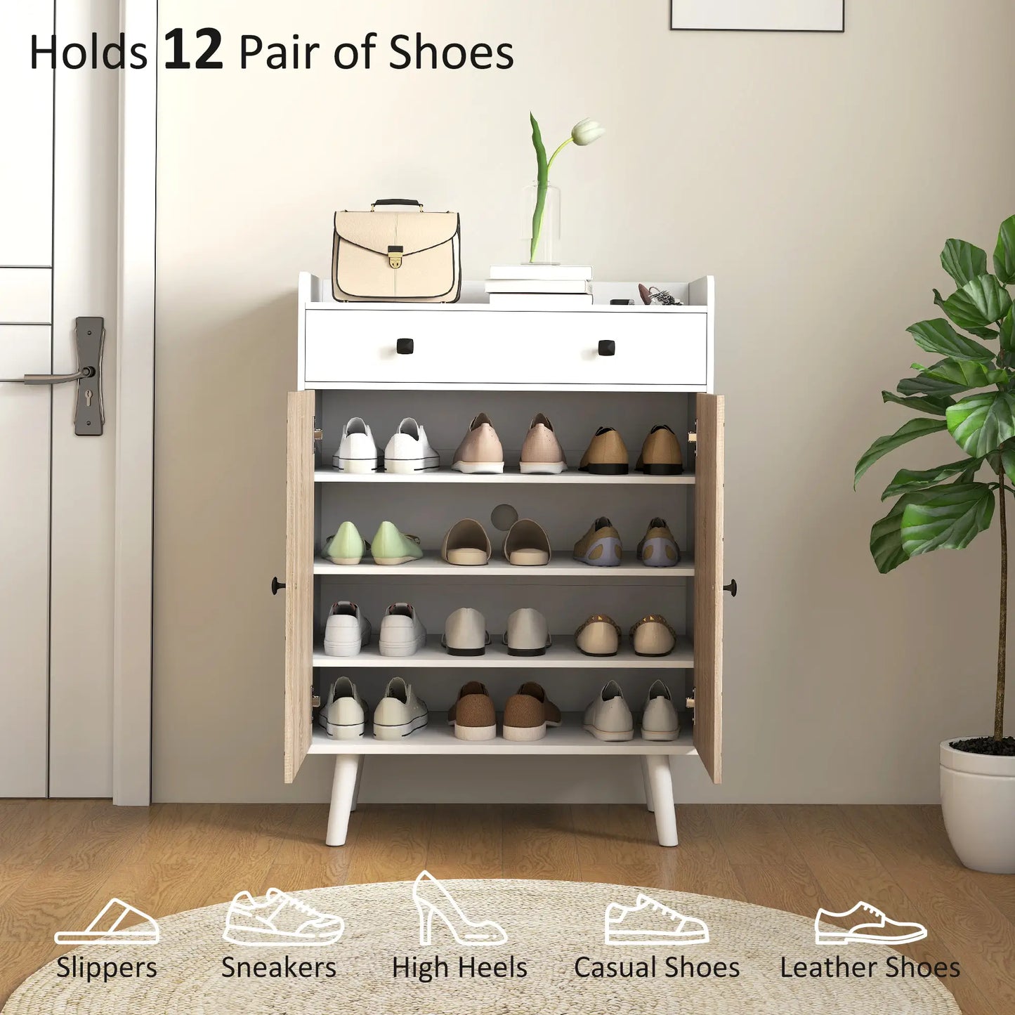 Modern Shoe Storage Cabinet, Adjustable Shelves, Drawer for 12 Pairs, White Shoe Storage Cabinets & Racks at Gallery Canada