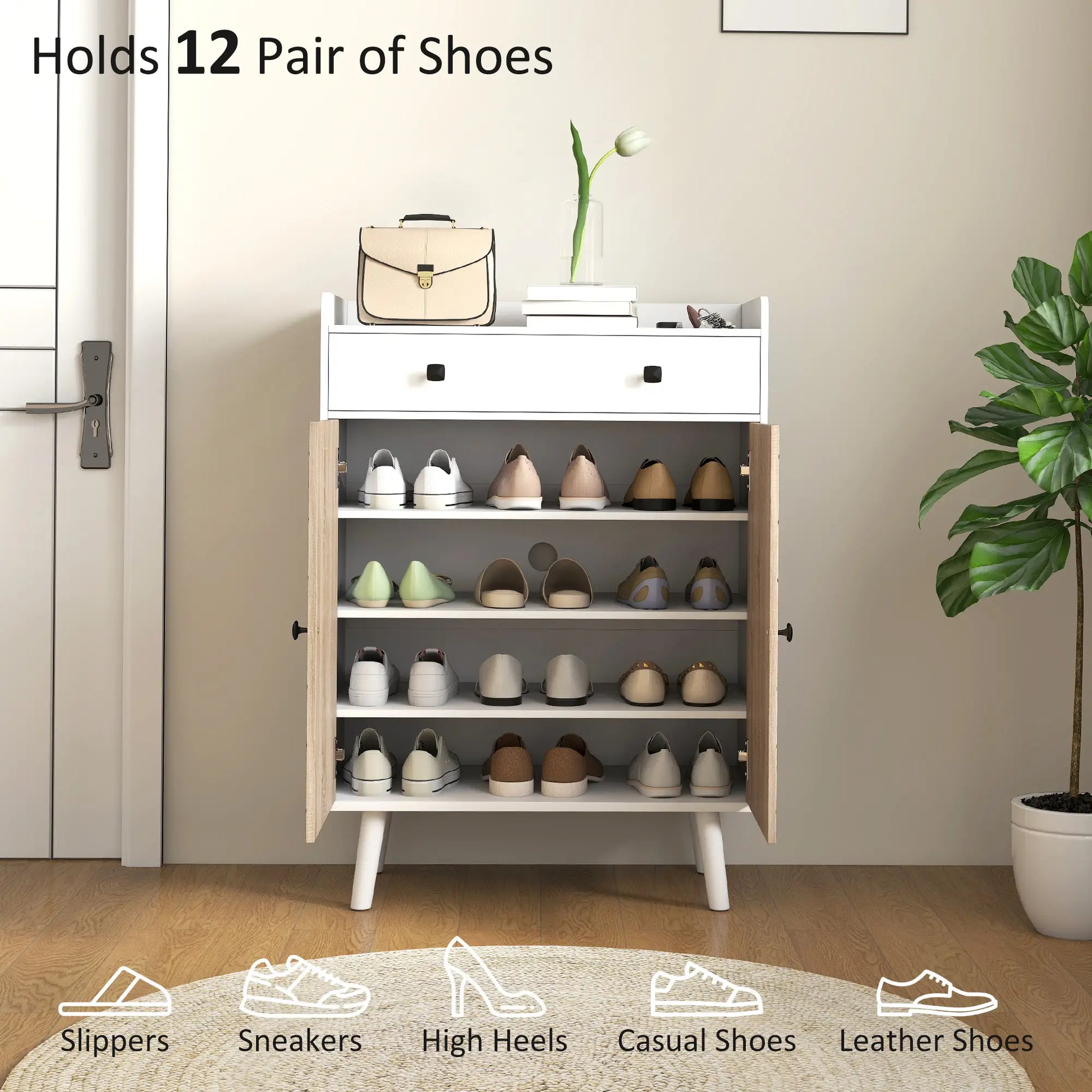 Modern Shoe Storage Cabinet, Adjustable Shelves, Drawer for 12 Pairs, White Shoe Storage Cabinets & Racks at Gallery Canada