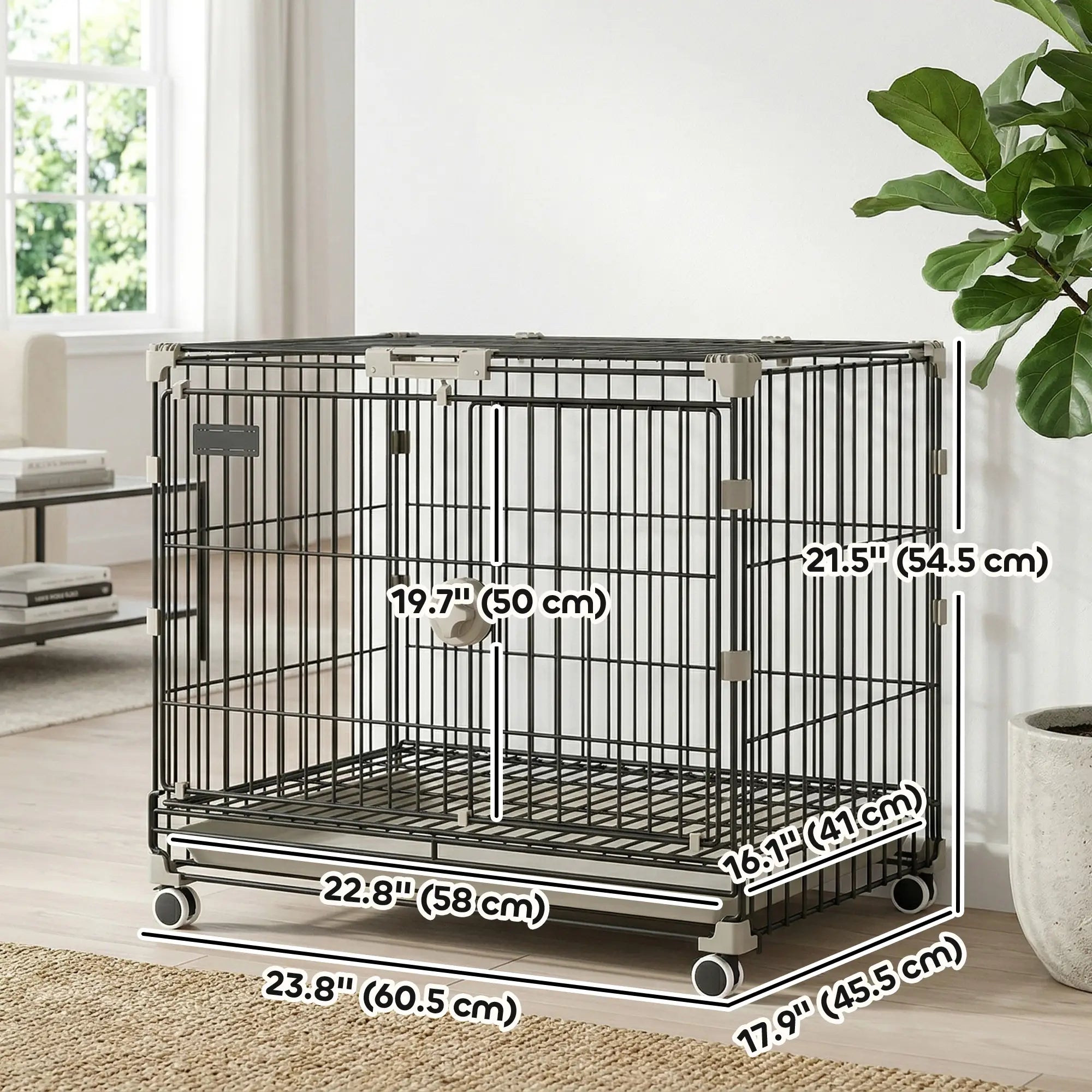 Foldable Dog Crate, 24 Inch Metal Cage, Removable Tray, Lockable Wheels, Black Dog Cages & Crates at Gallery Canada
