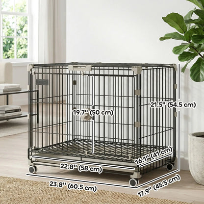 Foldable Dog Crate, 24 Inch Metal Cage, Removable Tray, Lockable Wheels, Black Dog Cages & Crates at Gallery Canada
