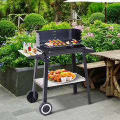 Charcoal BBQ Grill With Side Trays, Storage Shelf, Wheels