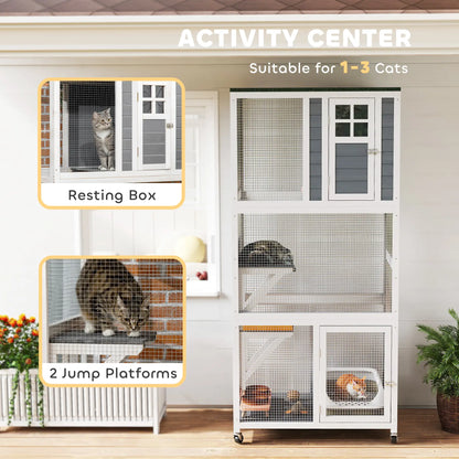 74" Wooden Outdoor Cat House, Weatherproof, Wheeled, High Weight Capacity, White Outdoor Cat Enclosures at Gallery Canada