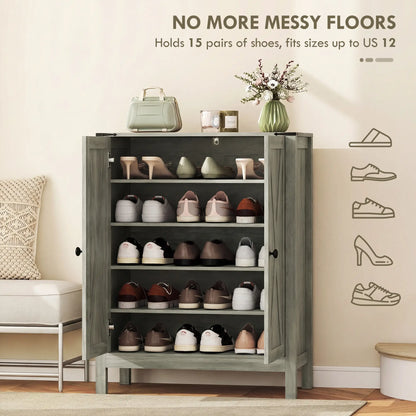 Shoe Cabinet With Barn Doors, Adjustable Shelves, Holds 15 Pairs, Grey
