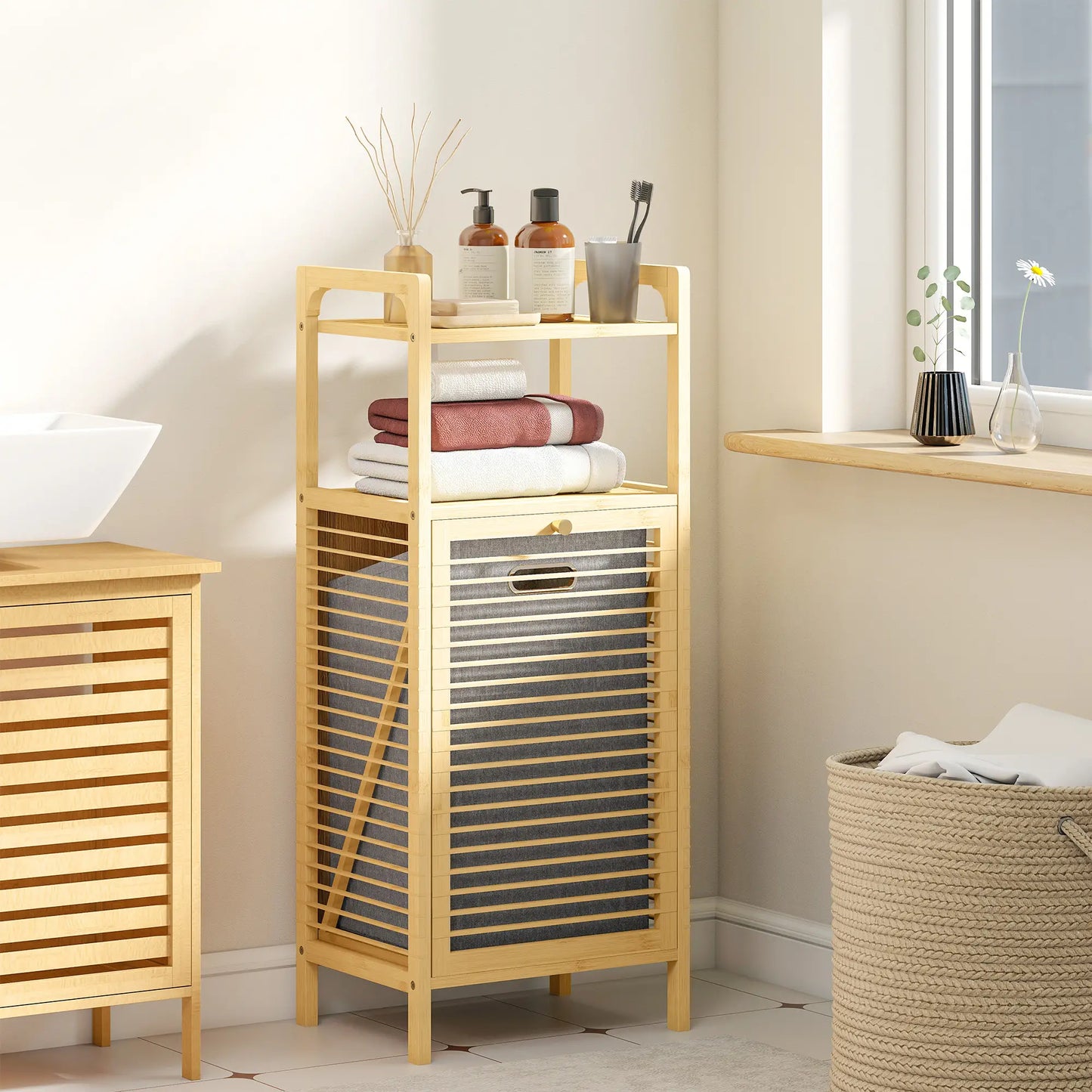 Bamboo Laundry Cabinet, Tilt Out Hamper with Basket, Natural Bathroom Cabinets at Gallery Canada